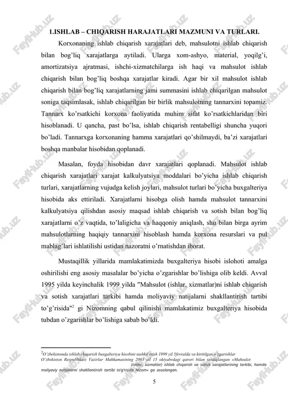 yoki shartli o’zgaruvchan deb nomlash odat tusiga kirgan. ko’pincha hisob-kitoblarni murakkablashtirmaslik uchun ularni o’zgaruvchan yoki doimiy xarajatlarga qo’shib yuborishadi. yuqorida keltirilgan tasnifning mantig’idan xulosa qilib aytish mumkinki, u ishlab chiqarish xajmining xarajatlar miqdoriga ta’sirini o’rganishda qo’llaniladi. ho’sh, ushbu ikki tasnif usulidan qay birining qo’llanilishi narx shakllantirish yoki biror mahsulotni ishlab chiqarish bo’yicha boshqaruv qarorlarini qabul qilishda ko’mak bo’ladi. buni aniqlash uchun har bir yondashuvning afzalliklari va kamchiliklarini ko’rib chiqish talab etiladi. xarajatlarni to’g’ri va egri xarajatlarga tasniflash mahsulot biriligini to’liq tannarx bo’yicha kalkulyatsiya qilishda qo’llaniladi. bunda barcha to’gri xarajatlar va barcha egri ishlab chiqarish xarajatlari ishlab chiqarilgan mahsulot tannarxiga kiritiladi. egri xarajatlar mahsulot turlari o’rtasida tanlangan taqsimot bazasiga mutanosib ravishda taqsimlanadi. tovar va xizmatlarni ishlab chiqarish va uni iste‘molchilarga yetkazib berish bilan bog’liq barcha sarflar ishlab chiqarish xarajatlari deyiladi. ishlab chiqarish sarf-xarajatlari tarkibiga xom ashyo, asosiy va yordamchi materiallar, yokilg’i va energiya uchun qilingan xarajatlar, asosiy kapital amortizatsiyasi, ish haqi …