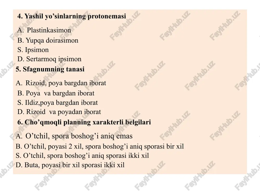 a 9 ta turkum, 120 ta tur sinf. bennettitsimonlar - bennettitopsida sinf. gnetumsimonlar – gnetopsida 3 ta turkum sinf. ginkgosimonlar – ginkgoopsida 1-turkum, 1ta tur sinf. qarag’aysimonlar (ignabarglilar) - pinopsida 1-sinf. urug’li qirqquloqsimonlar - pteridospermae, lyginopteridopsida urug’li qirqquloqlar qirilib ketgan gruppa. paleozoy va erta mezozoy qatlamlaridan topilgan. (350 mln yil oldin). tashqi ko’rinishi qirqquloqlarga o’xshagan. ammo bargining ustida urug’kurtak rivojlangan. urug’lanishdan keyin urug’kurtak bargdan ajralib tushgan. tinim davrisiz o’sib sporofitga aylangan. shuning uchun ularni urug’kurtakli qirqquloqlar deyilishi maqsadga muvofiq. urug’lari juda sodda tuzilishga ega bo’lib, urug’ murtagi bo’lmagan. poyasining o’zak qismi atrofida bir qancha o’tkazuvchi bog’lamlari va ikkilamchi ksilemasi bo’lgan. bu ajdod 4 ta qabiladan iborat: 1. lignopterisnamolar - lyginopterdales 2. medullosnamolar - medullosales 3. keytoniyanamolar - caytoniales 4. glossopterisnamolar - glossopteridales urug’li qirqquloqsimonlar -lyginopteridopsida yoki pteridospermae bu sinfga mansub turlar to’liq qirilib ketgan. ular yuqori devon davrida paydo bo’lib, toshko’mir davrida yer yuzasida keng tarqalgan, ayrimlari perm davrining oxirlarida …
