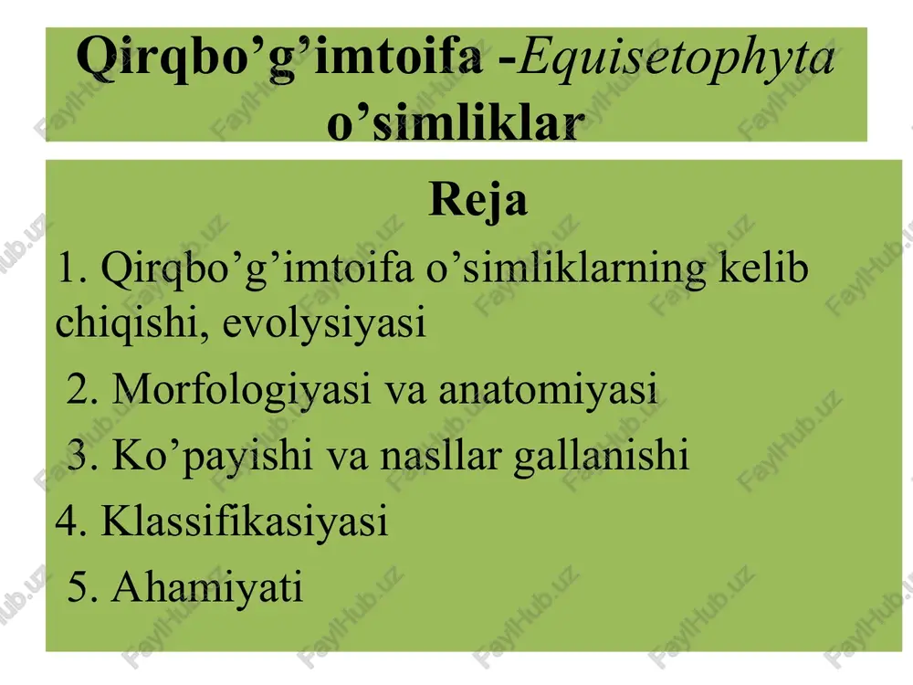 qlashga moslashgan. ildizpoyadan o’sib chiqqan yer ustki novdalar ikki xil: erta bahorgi va yozgi. bu novdalar tashqi morfologik tuzilishi jihatidan bir-biridan alohida ajralib turadi. erta bahorda shoxlanmagan, qo’ng’ir rangli, generativ poyasi o’sib chiqadi. bu poya spora hosil qilgandan so’ng, o’z vegetatsiyasini tugatadi. ikkinchisi yoz oylarida chiquvchi, yashil sershox vegetativ poya. har ikkala poya ham ko’p qirrali va poyasining ichi bo’sh bo’ladi. barglari poya bo’g’imlarida halqasimon joylashagan, juda mayda, asosi qo’shilgan, xlorofilsiz. shuning uchun barg vazifasini yashil novdalar bajaradi. dala qirqbo’gimining jinssiz ko’payishi davrida poyasining uchki qismida ellipsimon shakldagi spora boshog’i hosil bo’ladi. boshoqning markazida o’qiga halqasimon shaklda sporofillar o’rnashgan. xvosh: 1 — xvosh polevoy (obshiy vid), a — sporofill, b, v — spori; 2 — xvosh lesnoy (obshiy vid). har qaysi sporofillardagi sporangiyalarda teng sporalar hosil bo’ladi. ular yetilgandan so’ng, sporangiyasi uzunasiga chatnaydi, sporalar tashqi muhitga tarqaladi. tuproqqa tushgan sporalar qulay sharoitda o’sib, gametofitni hosil qiladi. anteridiyda yetilgan spermatozoidlar suv …