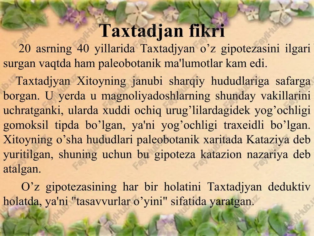 a ulardan butun dunyoga tarqalganligini ko’rsatadi. nemis botanigi a.engler 1887 yilda e'lon qilingan sistemasi yopiq urug’li o’simliklarning dastlabki klassik filogenetik sistemasi hisoblanadi. bu yagona zamonaviy sistema bo’lib, unda turkumlar va kenja turkumlargacha ba'zan esa turlargacha bo’lgan taksonlar ishlab chiqilgan. yopiq urug’lilarni bir va ikki pallalilarga bo’ladi. engler sistemasi asosida sobiq ittifoq florasining 30 tomli kitobi yozilgan. boshqa olimlarning sistemalari faqat tartiblar va oilalargacha ishlab chiqilgan. mazkur sistema ko’p tomondan eskirganligiga qaramay qulayligi uchun undan hozirgi kunda ham foydalaniladi. ingliz botanigi r. malvilla fikricha gulli o’simliklar devon davrida rinnofitlardan kelib chiqqan deb hisoblaydi. unga gandvan hududidagi afrika, antarktida, janubiy amerika, avstraliya materiklari kirgan. d.stebbins fikricha dastlab gulli o’simliklar - quruq joylarda tez o’sishga moslashgan ikki urug’pallalilarni o’z ichiga olgan, bir urug’pallalilar esa suv havzalarida, soy bo’ylarida o’sgan. ko’pchilik olimlarning eng sodda tuzilishga ega bo’lgan butasimon ochiq urug’li o’simliklardan kelib chiqqan deyishadi. gulning kelib chiqishi psevdant (yunon. psevdos - sohta, antos - …