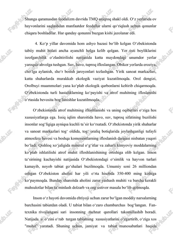 i takomillashib boradi. natijada u o‘zini o‘rab turgan tabiatning xususiyatlarini o‘zgartirib, o‘ziga xos "muhit” yaratadi. shuning uchun, jamiyat va tabiat munosabatlari haqida gapirganda tabiiy muhit, geografik muhit, atrof-muhit, texnogen muhit kabi tushunchalar qo‘llaniladi. tabiat – bizni o‘rab olgan borliq, olam. tabiat vaqt va fazoda cheksizdir, to‘xtovsiz ravishda harakatda, rivojlanishda va o‘zgarishda bo‘ladi. jamiyat ham tabiatning, moddiy olamning o‘ziga xos bir bo‘lagidir. tabiiy muhit – tabiiy jism va moddalarning, nimanidir yoki kimnidir o‘rab turuvchi, uning hayotiy faoliyati kechadigan tabiiy sharoit yoki tabiiy sharoitlar mujassamligi. geografik adabiyotlarda mazkur tushuncha, ko‘pincha, geografik qobiqning inson va uning xo‘jalik faoliyatini o‘rab turgan qismiga nisbatan ishlatiladi. geograﬁk muhit – jamiyatni o‘rab turgan tabiiy sharoit; ijtimoiy ishlab chiqarishning muayyan tarixiy bosqichida tabiatning jamiyat bilan o‘zaro ta’sirda bo‘ladigan bir qismi. geografik muhit jamiyat taraqqiyotining doimiy va zaruriy sharoitlaridan biri, u mehnat taqsimotiga va xo‘jalik tarmoqlarining joylashishiga faol ta’sir etadi. o‘z navbatida, jamiyat ham geografik muhitga ta’sir ko‘rsatadi. jamiyat …