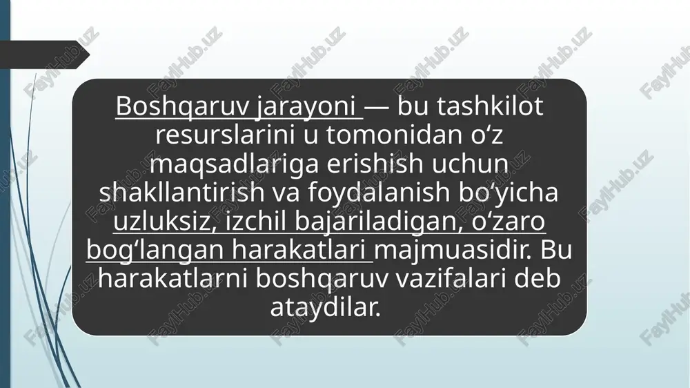 moyiliga, qaror qabul qilish nazariyasi tamoyillariga e’tibor qaratiladi. boshqaruvga tashkiliy mexanizmlarni keng oqilona yo’llarini ishlab chiqishda ma`lum funktsiyalarni, ya’ni rejalashtirish tashkillashtirish, raxbarlik qilish, uvofiqlashtirish, nazorat qilish kabilarni o’z ichiga oladi. tashkilotning ichki muhitiga (iqtisodiy, ilmiy – texnikaviy, ijtimoiy, siyosiy), e’tibor beriladi. 22 tizimli yondashuv vaziyatli yondashuv funksional yondashuv miqdoriy yondashuv menejmentning o‘rganish obyekti boshqaruv faoliyatiga doir iqtisodiy hodisa va jarayonlar, firma ishini samarali tashkil etish xususiyatlari, boshqaruvning amaldagi zamonaviy shakl va usullari, uning kelajak istiqbollari tashkil etadi. bunda menejment nazariyasining rivojlanish tendensiyasi, uni tashkil etish tamoyillari va usullari, motivatsiya va boshqaruv samaradorligi masalalari obyekt sifatida o‘rganiladi. boshqaruv obyekti va subyekti menejment № obyekti (boshqariluvchi hodisa, voqelik) subyekti( boshqaruv organi, rahbarlik) 1 2 3 1. makrodarajada 1. mamlakat (respublika) * qonun chiqaruvchi hokimiyat (oliy majlis) * ijro etuvchi hokimiyat(o‘zr vazirlar mahkamasi) * sud hokimiyati 2. 3. viloyat tuman (shahar) * qr jo‘qorgi kengashi va viloyat deputatlari * qr vazirlar kengashi, viloyatlar …