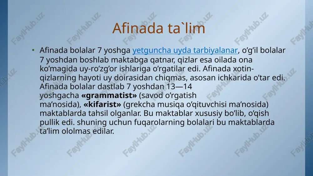 , ani aqliy tomondan o’stirishdir, degan edi. 14 komenskiy o’z asarlarida tarbiyaning maqsadini ko’rsatadi. tarbiyaning maqsadi kishini mangulik dunyosiga tayyorlashdan iboratdir. buni uch xil tarbiya orqali amalga oshirish mumkin: aqliy tarbiya. axloqiy tarbiya. diniy tarbiya. 15 komenskiyning bolani yosh davrlarga bo’lishi. bunda u tabiiylik prinsipiga amal qilib, bola yoshini 4 davrga bo’ladi. 1-davr. tug’ilganidan 6 yoshgacha — ona maktabi. bu davrda bolaning sezish organlarini o’stirishga, bolaning qabul qilishini, atrofdagi dunyo bilan tanishtirishga katta ahamiyat beradi. bolani mehnatga o’rgatish, o’z-o’ziga xizmat qilishga jalb etish kerak. ona boladagi axloqiy tarbiyaning asoslarini, to’g’rilik, haqqoniylik, mehnatni sevish va boshqalarni vujudga keltiradi. 16 2-davr. 6—12 yoshgacha — xalq maktabi yoki ona tili maktabi. bunda o’quvchi esda saqlashi, so’zlashga o’rganishi, yozish, boshlang’ich maktab ko’nikmasini hosil qilishi kerak bo’lib, buning uchun geometriya, geografiya, tabiiyot fanlarini o’rganishi lozim. 3-davr. 12—18 yoshgacha — gimnaziya. bu o’quv yurtining vazifasi bola tushunchasini, tafakkur qobiliyatini o’stirishdan iborat bo’lib, unda klassik tillar, tabiiyot …