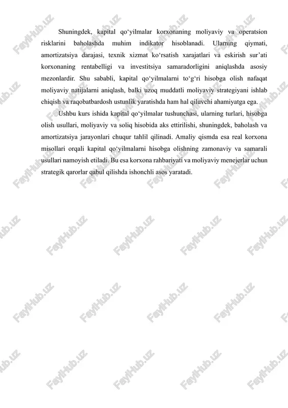 orxona tomonidan ishlab chiqarish jarayonini kengaytirish, texnologik infratuzilmani modernizatsiya qilish, yangi ishlab chiqarish quvvatlarini yaratish, shuningdek, innovatsion va ilmiy-tadqiqot faoliyatini moliyalashtirish uchun yo‘naltiriladi. kapital qo‘yilmalarni to‘g‘ri hisobga olish korxona rahbariyati va moliyaviy menejerlar uchun investitsiya qarorlarini asoslash va strategik rejalashtirish imkoniyatini yaratadi. kapital qo‘yilmalar iqtisodiy nazariyada odatda uzoq muddatli aktivlar sifatida tasniflanadi, chunki ular bir necha yil davomida ishlab chiqarish jarayonida ishtirok etadi va korxona moliyaviy natijalariga barqaror ta’sir ko‘rsatadi. shuningdek, kapital qo‘yilmalar nafaqat moddiy, balki nomoddiy shaklda ham mavjud bo‘lib, ularning har biri korxonaning rivojlanish strategiyasida o‘ziga xos ahamiyatga ega. 1.1. moddiy kapital qo‘yilmalar moddiy kapital qo‘yilmalar – bu korxona tomonidan ishlab chiqarish jarayonida uzoq muddat foydalaniladigan moddiy aktivlar. ular korxona iqtisodiy faoliyatining asosiy vositalarini tashkil etadi va ishlab chiqarish quvvatlarini yaratish, saqlash va ishlab chiqarish samaradorligini oshirishga xizmat qiladi. moddiy kapital qo‘yilmalarga quyidagilar kiradi: 1. binolar va inshootlar – ishlab chiqarish korxonalari, omborlar, ofislar, ijtimoiy infratuzilmalar. ular ishlab …