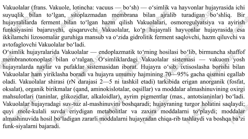 i – lipoproteidlar, lipidlar, fosfolipidlar, glikolipidlar) va ba’zi bir pigmentlar (karotinoidlar) va yana turli organik moddalar, yog‘larda eriydigan a, d, ye, k vitaminlar guruhlari kiradi. uglevodlarga suvda eriydigan oddiy brikmalar: glyukoza, fruktoza, saxaroza va suvda erimaydigan yoki kam eriydigan murakkab brikmalar – polisaxaridlar (sellyuloza va kraxmal) kiradi. uglevodlar hujayrada moddalar almashinishi jaryonilarida energiya manbai bo‘lib xizmat qiladi. shakarlar boshqa biologik faol moddalar bilan birga birikib – glikozidlar, polisaxaridlar – glikoproteidlarni hosil qiladi va tirik mavjudotlarning hayotida muhim rol o‘ynaydi. uglevodlar hujayrada polisaxaridlar, disaxaridlar va monosaxaridlar tarzida uchraydi. polisaxaridlar murakkab uglevodlar bo‘lib, ular orasida eng ko‘p tarqalgan kraxmaldir. kraxmal donachalari donlarda (guruch, bug‘doy, makkajo‘xori va boshqalar), kartoshka tuganagida va ko‘pchilik tropik o‘simliklarning tanalarida uchraydi. ular odamlar hayoti uchun juda muhim bo‘lgan uglevodlar manbaidir. kraxmallar kelib chiqishi jahatidan ikkiga: assimilyatsion (birlamchi) va jamg‘armaga (ikkilamchi) bo‘linadilar. birlamchi assimilyatsion kraxmal yashil o‘simliklarning dastlabki mahsuli bo‘lib, yorug‘da xloroplastlarda fotosintez jarayonida hosil bo‘ladi. qorong‘ida fotosintez to‘xtaganda …