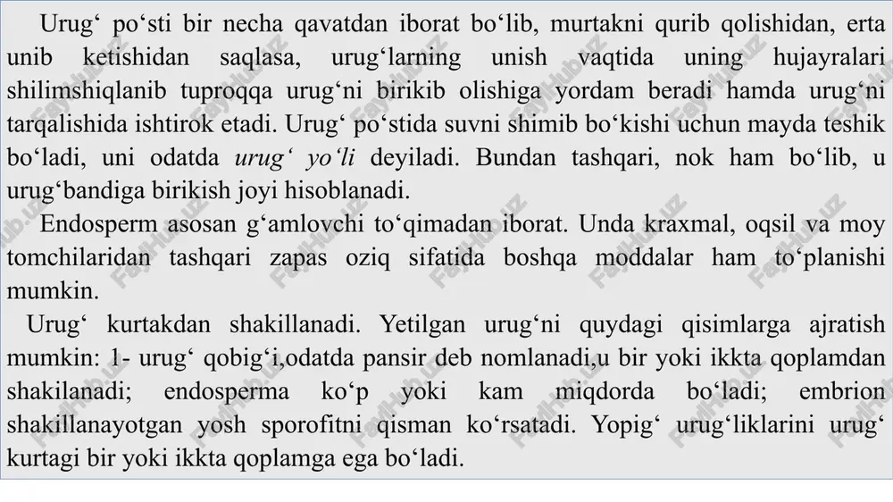 li nafas oladi. shuning uchun ham urug‘ o‘stirilayotganda unga suv quiladi. urug‘lar nafas olganda, boshqa tirik organizmlar kabi issiqlik ajratadi. buni bilish uchun turli xildagi urug‘lar olinadi. masalan: mosh, loviya, bug‘doy, makkajo‘xori. xar bir urug‘dan 30-40 donadan olib aloxida-aloxida bankaga solamiz. banka ichiga termometr joylashtiramiz. xona xarorati 20 gradus bo‘lishi kerak. urug‘lar ajrataoyotgan issiqliki saqlab qolish uchun banka ustini qog‘oz, paxta va uning ustini toza quruq latta bilan o‘raymiz. oradan 2 soat o‘tgandan so‘ng termometrni tekshiramiz. urug‘ turi uy xarorat chiqarilgan xarorat bug‘doy 20⁰ 5⁰ loviya 20⁰ 3⁰ mosh 20⁰ 4⁰ makkajo‘xori 20⁰ 7⁰ image1.jpeg image2.jpeg image3.png image4.jpeg image5.jpeg image6.png image7.jpeg image8.jpeg image9.jpeg image10.jpeg image11.jpeg image12.jpeg image13.jpeg image14.jpeg image15.jpeg image16.jpeg image17.jpeg image18.jpeg image19.jpeg image20.jpeg image21.jpeg image22.jpeg image23.jpeg image24.jpeg image25.jpeg image26.jpeg image27.jpeg image28.jpeg image29.jpeg image30.jpeg image31.jpeg image32.jpeg image33.jpeg image34.jpeg image35.jpeg wheat grass on white background� /docprops/thumbnail.jpeg