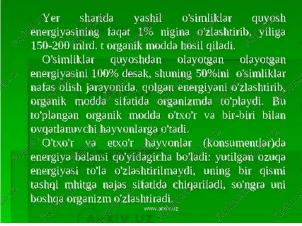sus teshikchalar – og‘izchalar yordamida hal etiladi: ular tashqi va ichki signallarga javoban ochiladi va yopiladi, shu yo‘l bilan suvning sarflanishi va karbon kislotasi va kislorodga bo‘lgan ehtiyoj orasidagi nisbatni saqlab turadi. www.arxiv.uz www.arxiv.uz www.arxiv.uz www.arxiv.uz bir yillik o‘simliklar va yosh o‘simliklar poyasi ham fotosintezlovchi organdir. ko‘p yilliklarda poya ko‘pincha yo‘g‘onlashadi, yog‘ochlanadi va po‘kak bilan qoplanadi. ikkala holda ham poya o‘simlikning fotosintezlovchi va fotosintezlamaydigan qismlari orasida o‘tkazuvchi sistema orqali xilma-xil moddalarni transport etish uchun xizmat qiladi. o‘simliklar quruqlikda ko‘payish bilan bog‘liq bo‘lgan bir qator qiyinchiliklarni ham yengishlari kerak edi. ularda eng avval quruqlikka chidamli sporalar paydo bo‘ldi, keyin ichida gametalari bo‘lgan ko‘p hujayrali strukturalar hosil bo‘ldi. quruqlik o‘simliklari bo‘lmish urug‘lilarda ona organizm tomonidan hosil qilingan maxsus qoplagan embrionni qurib qolishidan va dushmanlardan himoyalaydi. barcha bu belgilar quruqlikdagi avtotrof hayotga moslashish – adaptiv belgilardir. www.arxiv.uz www.arxiv.uz to‘dalar evolyutsiyasi quruqlikning o‘simliklar tomonidan ishg‘ol etilishi planeta qiyofasini o‘zgartirib yubordi. inson sayohat qilib yurar …