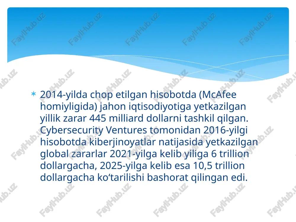 inni egallagan. o‘zbekiston respublikasining ncsi indeksining har bnatijalardan ko‘rinib turibdiki, 4 ta mezon bo‘yicha o‘zbekiston respublikasi 50 foizdan ortiq ko‘rsatkichga erishgan. bunda “kibertahdidlarni tahlil qilish” – 60%, “ta'lim va kasbiy rivojlantirish” – 67%, “elektron identifikatsiya qilish va ishonch xizmatlari” – 78% va “kiber hodisalarga javob qaytarish” – 50% mezonlari yuqori ko‘rsatkichlarga ega bo‘lgan. e`tiboringiz uchun raxmat image2.png /docprops/thumbnail.jpeg