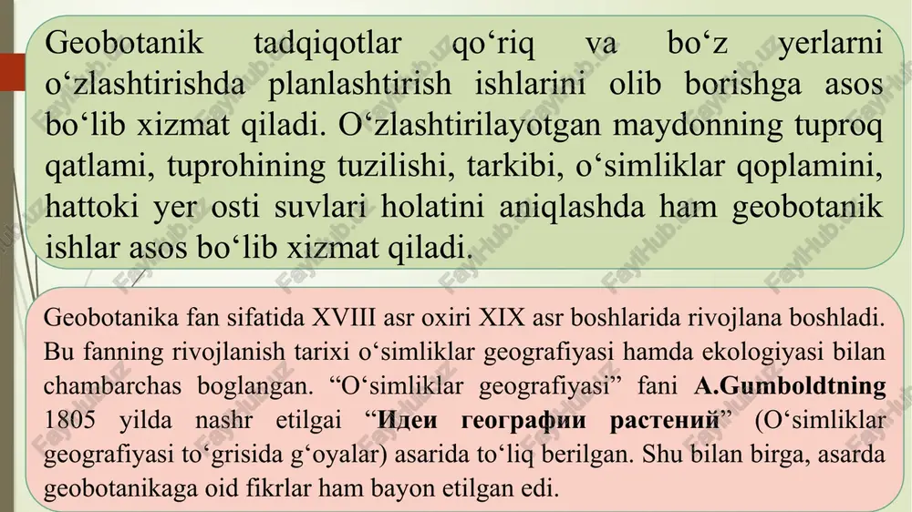 lar akademik ye.p.korovin boshchiligida olib borildi va 200 ga yaqin geobotanik mutaxassislar tayyorlandi. bulardan s.n.kudryashov, i.i.granitov, m.m.orifxonova, a.y.butkov, v.k.paziy, m.m.nabiyev, t.a.adilov, p.k.zokirovlar o‘zbekiston geobotanikasi faniga munosib hissa qo‘shdi. yirik geobotanik olim ye.p.korovin o‘zining «rastitelnost sredney azii i yujnogo kazaxstana» (1940) nomli yirik asarida o‘rta osiyo va qozog‘istonning o‘simliklar qoplami haqida to‘liq ma’lumot bergan. i.i.granitov boshchiligida 1931 yilda birinchi marta o‘zbekiston o‘tloqzorlarini geobotanik jihatdan o‘rganish boshlandi. natijada 1936 yildan boshlab keng ko‘lamli xaritalash ishlari boshlab yuborildi. bundan tashqari, o‘zbekiston olimlari tomonidan yirik geobotanik ishlar amalga oshirilgan hamda quyidagi asarlar nashr ettirilgan: i.i.granitov «rastitelnost uzbekistana» (1956), «rastitelniy pokrov yuga zapadnix kizilkumov» (1964; 1967), q.3.zokirov “flora i rastitelnost basseyna reki zeravshan” (1955; 1968), “opit tipologii rastitelnosti zemnogo shara na primere sredney azii” (1978), p.q.zokirov “rastitelniy pokrov nuratinskix gor” (1967), m.m.orifxonova «rastitelnost ferganskoy dolini” (1967), a.y.butkov “visokogornaya rastitelnost zapadnogo tyan-shanya i ego xozyaystvennoe znachenie” (1969), m.m.nabiyev “botanika atlas lug‘ati” (1969) kabi yirik geobotanik asarlardir. …