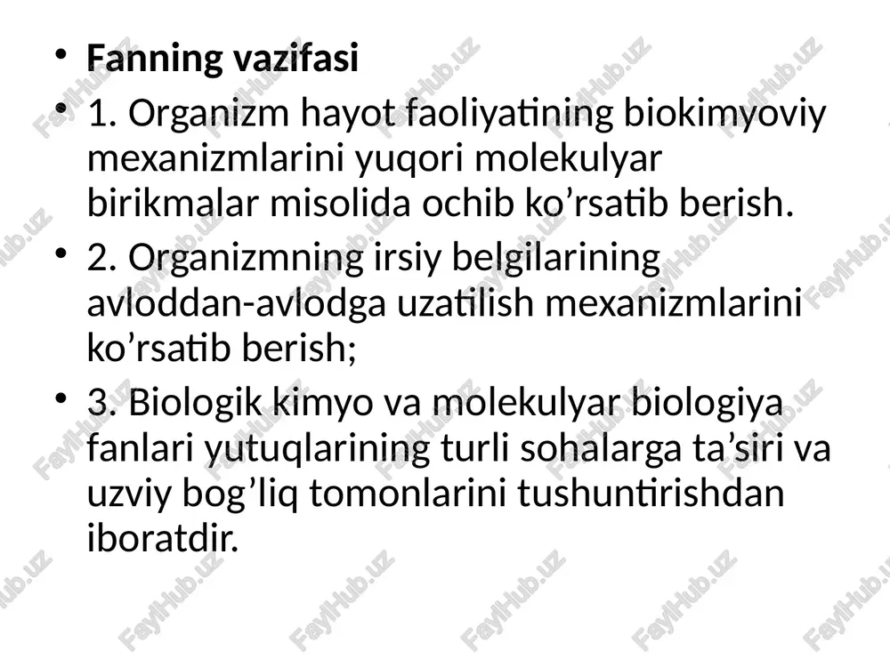 lyar biologiya evolyutsiya qanday borishini, uning mexanizmini ochib berishga da’vat qiladi: jonli organizmlar uchun xos bo’lgan rivojlanish jarayonini ham molekulyar tekislikda, oqsillar va nuklein kislotalarning o’zaro munosabati, reaktsiyalari shaklida ifodalaydi. 3. molekulyar biologiya fanining paydo bo’lishi va rivojlanish tarixi. molekulyar biologiya xx asrnnng 40-yillarida hujayra va uning komponentlari haqida ko’plab yangi ma’lumotlar to’planishi, biomolekulalarni ajratib olish va funktsiyasini tadqiq qilish imkoniyatini beradigan printsipial yangi usullar yaratilishi tufayli dunyoga keldi. biologik jarayonlarning molekulyar asoslarini tadqiq etish g’oyasi olimlar oldida turgan dolzarb muammo ekanligini tabiatshunoslar yaxshi tushunar va unga yondashish yo’llarini istar edilar. bu g’oyaning amalga oshirilishida dastlabki dalillar biokimyogarlardan emas, balki boshqa soha mutaxassislari tomonidan bajarildi. bir qator mashhur fizik va kimyogar olimlar fundamental biologik jarayonlarda hal qiluvchi rol o’ynaydigan oqsil molekulasini tadqiq etishga kirishadilar. shu maqsadda anchagina printsipial yangi usullar yaratiladi. «molekulyar biologiya» nomining o’zi amerikadagi rokfeller fondi tabiat fanlari bo’limining boshlig’i uorren unver tomonidan birinchi bo’lib qo’llangan bo’lsa kerak. …