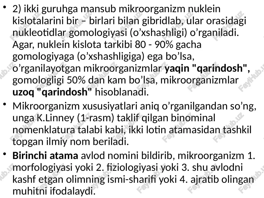 nchi nashrda bergey prokaryota qirolligini to'rt bo’limga ajratdi: 1. gracilacutes: ular gramm-manfiy hujayra devoriga ega. 2. firmicutes: ular gram-musbat hujayra devoriga ega. 3. tenericutes: ularning hujayra devori yo'q. 4. mendosicutes: ularning hujayra devorida peptidoglikan yo'q va arxeya(3-4-rasm)ga o'xshaydi. 1 bo’lim – gracilacutes (gracilus so’zi lotincha so’z bo’lib yupqa degan, cutes esa po’st, teri degan ma’noni bildiradi) bo’limga hujayra devori grammanfiy tuzilishga ega bo’lgan kokklar, tayoqchasimon yoki ipsimon prokariotlar kiradi. ular harakatchan yoki harakatsiz bo’lishlari mumkin, endosoralar hosil qilmaydi. miksobakteriyalar meva tanalari va miksosporalar hosil qiladi. 3-rasm. tirik organizmlar-ning filogenetik va simbiogenetik daraxti, eukariotlar va prokariotlar-ning kelib chiqishini ko'rsatadi. https://en.wikipedia.org/wiki/prokaryote 4-rasm. arxei. halobakteriyalar, nrc-1 shtammi, har bir hujayraning uzunligi taxminan 5 mkm https://en.wikipedia.org/wiki/halobacterium ko’payishi binar bo’linib va kurtaklanib amalga oshadi. bu bo’limga fototroflar va nofototroflar (litotroflar va xemotroflar), aeroblar, anaeroblar va fakultativ anaeroblar kiradi. obligat parazit turlari bor. gracilacutes bo’limga 3 sinf kiradi. 1 sinf – scotobacteria, 2 sinf – anoxyphotobacteria, …