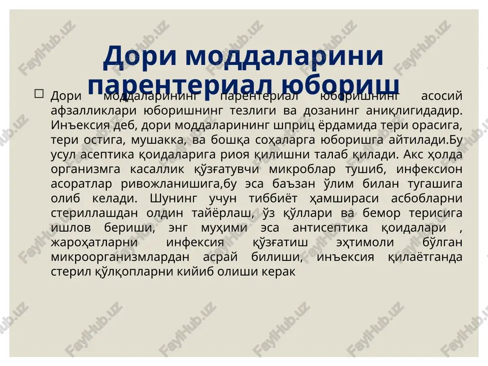 ika buzilishi, dozani oshirib yuborish, venaga havo yoki yog'li suyuqlik tushishi, dorini noto'g'ri yuborish) kasal sog'ligi uchun xavfli bo'lishi mumkin. vena ichi in'eksiyasi uchun igna uzunligi 40 -50 mm bo'lishi kerak. bemor yotgan yoki o'tirgan holda joylashadi. ishning tartibi: 1.bemorning tirsak ostiga klenka yostiq qo'ying (tirsak tomirining maksimal darajada taranglashuvi uchun) 2.elkaning 1/3 qismining o'rtasiga rezinali jgut qo'ying, bunda nursimon arteriyada puls o'zgarmasligi kerak. jgutni boylang va uning bo'sh oxirlari tepaga, bog'langan joyi esa pastga qaraganligiga e'tibor bering. agar nursimon arteriyada puls tezlashsa jgutni ozgina bo'shating. agar bilak venasi bilinmasa, jgutning pastki qismi ko'karib qizarib turmasa jgutni mahkamroq boylash kerak. oxirgi vaqtlarda jgutni o'rnini bosuvchi maxsus yopishuvchi yoki ilmoqchali manjetlar chiqarilmoqda. 3.bemordan bir necha marta mushtini siqib bo'shatishini so'rang, shu bilan birga uning bilak sohasini (tozalangan ) spirtda namlangan paxta bilan arting va qo'lni chetdan markazga harakatlantiring. 4.shpritsni oling, ko'rsatkich barmoqda ignaning kanyulasini, qolgan barmoqlarda esa shpritsning silindrini ushlang. 5.shpritsda …