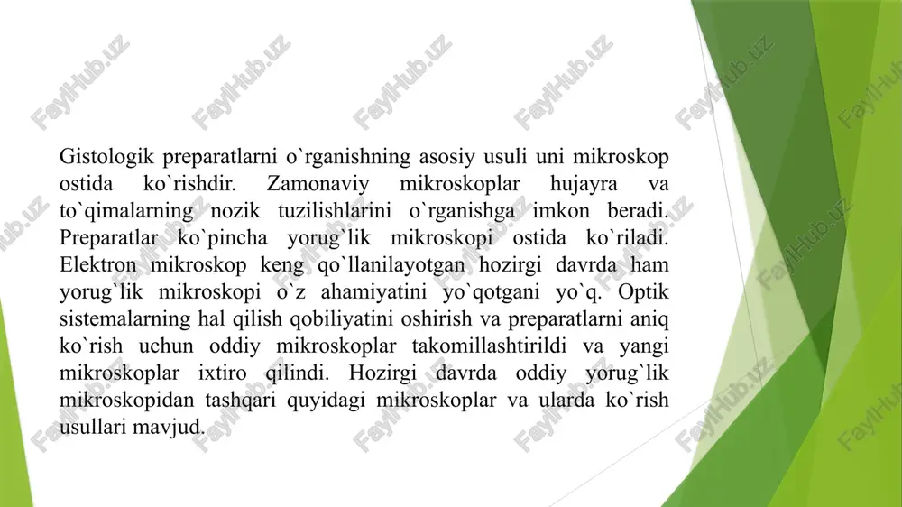 spirt va efirning aralashmasida eriydi. spirt-efir aralashmasi orqali o’tkazilgan bo’lakchalar ma’lum muddatga selloidinning suyuq (4 foizli) va quyuqroq (8 foizli) eritmalariga solinadi. selloidindan chiqarib olingan va yog’och bo’lakchasiga yopishtirilgan ob’ekt - blok 70 0 li spirtda saqlanadi. kesma tayyorlash uchun maxsus asbob - mikrotom ishlatiladi. mikrotomda selloidinli bloklardan 10-15 mkm qalinlikdagi kesmalar tayyorlash mumkin. zichlashtirish uchun selloidin o’rniga parafin ishlatilganda 4-6 mkm qalinlikdagi kesmalar tayyorlash imkoniyatiga ega bo’linadi. gistologik tuzilmalarni bo’yash usullari juda xilma-xil bo’lib, ularni tanlashda tadqiqotning maqsadlariga qarab ish tutiladi. ular ishqorli (asos), kislotali va neytral bo’yoqlarga bo’linadi. azur ii va gematoksilin bo’yoqlari asos bo’yoqlarga misol bo’lib, hujayralar o’zagini binafsha (ko’k-binafsha) rangga bo’yaydi, eozin esa kislotali bo’yoq bo’lib, sitoplazma va hujayraaro moddalarni och qizil-sariq rangga bo’yaydi. ayrim strukturalarning muayyan bo’yoqlarni tanlab qabul qilishi ularning kimyoviy tarkibi va fizik xossalari bilan belgilanadi. kislotali bo’yoqlar bilan yaxshi bo’yaladigan strukturalar atsidofil (oksifil, eozinofil), asos bo’yoqlar bilan bo’yaladiganlari - bazofil strukturalar deyiladi. …