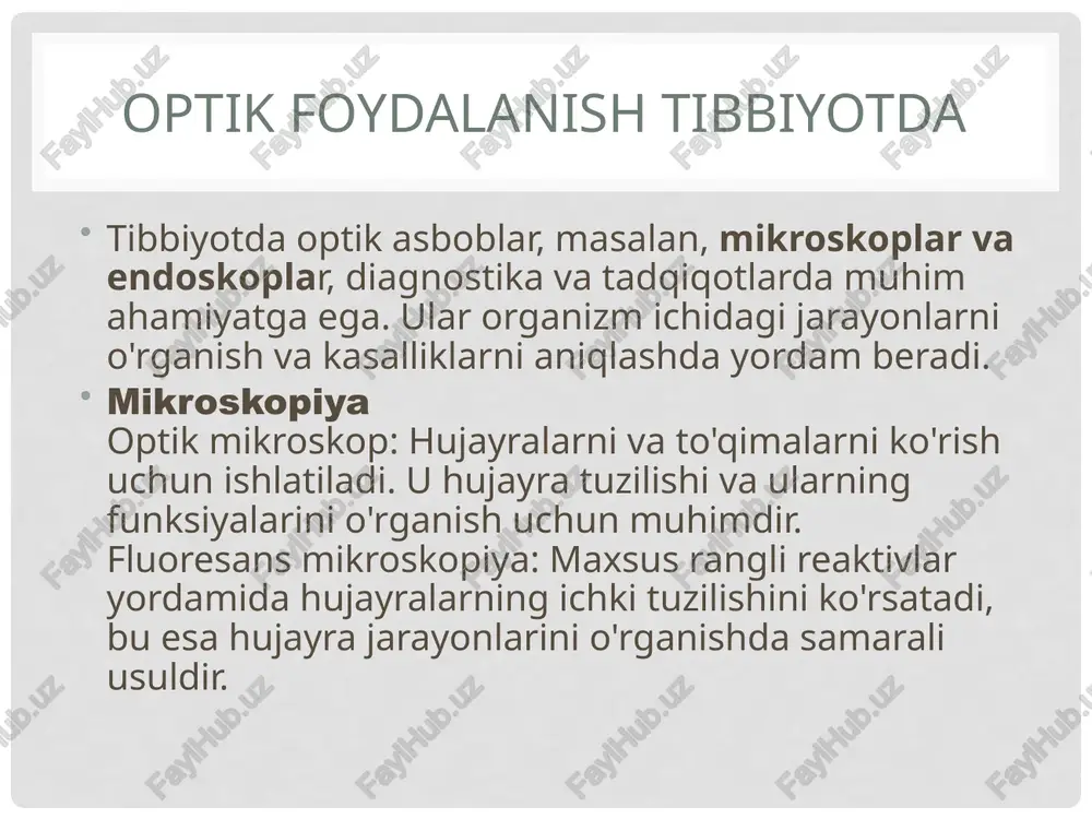 jarayonda hujayra ikki qismga bo'linadi. ekologik roli degradasiya: prokariotlar organik moddalarni parchalaydi va mineral moddalarni qayta ishlaydi, bu esa tabiiy sikllarni saqlab qolishga yordam beradi. oziqlanish: ko‘plab bakteriyalar o'simliklar uchun zarur bo'lgan azotni bog'lashda ishtirok etadi. mikrobiota: inson va boshqa hayvonlar tanasida prokariotlar mavjud, ular sog'liq uchun muhim hisoblanadi, chunki ular hazm qilish jarayoniga yordam beradi va immun tizimining faoliyatini qo'llab-quvvatlaydi. prokariotlar va kasalliklar ba'zi prokariotlar inson, hayvon va o'simliklarga zarar etkazishi mumkin. masalan, e. coli, streptococcus va staphylococcus kabi bakteriyalar turli xil infektsiyalarga sabab bo'lishi mumkin. xulosa sitologiya, viruslar va prokariotlar tibbiyotda muhim ahamiyatga ega. optik asboblar yordamida ularga oid ko'plab tadqiqotlar o'tkazilishi mumkin. bular tibbiyotning rivojlanishida katta rol o'ynaydi. etiboringiz uchun rahmat ! /docprops/thumbnail.jpeg