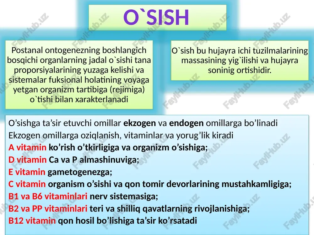 bosqich – himoya mexanizmlarining charchashi bosqichi natijada gomeostaz buzilib, har xil kasalliklar kelib chiqadi 1-2 bosqich eustress, 3 bosqich distress deyiladi. distress natijasida har xil patologik holatlar rivojlanadi stressning uchta bosqichi maʼlum 1) bosqich – safarbarlanish bosqichi: himoya kuchlari safarlanadi, avval ruhiy stress, keyin somatik stress boshlanadi ontogenez jarayonida gomeostaz holati stabil – turg‘un emas yuvinil davrida susaygan yuvenil va qarilik davrida stabil turg‘un yetuklik davrida organizm har xil kasalliklarga beriluvchan qarilik davrida b) umurtqalilarning qoplovchi sistemalarining onto – filogenezi. qoplovchi organlar sistemasi organizmning tashqi muhit bilan bevosita aloqasini ta'minlaydi, tashqi muhit oʻzgarishlarini sezadi va ularga javob reaksiyalari hosil qilishda qatnashadi. tibbiyot nuqtai – nazaridan teri juda katta ahamiyatga ega boʻlib, uning koʻrinishiga qarab, rangiga qarab odam organizmida kechayotgan ayrim xastaliklar haqida fikr yuritiladi. masalan, gepatit kasalligida teri sariq rangda boʻladi, buyrak usti bezi faoliyati buzilganda, suv – tuz almashinuvi oʻzgarishidan teri qora rangga kiradi barmoq terisi chiziqlarini oʻrganish (daktiloskopiya) …