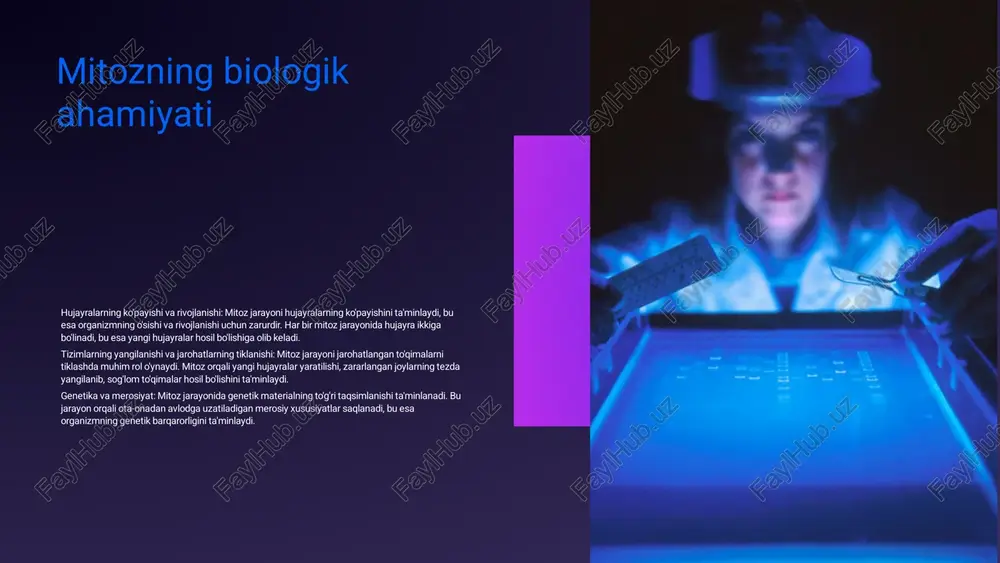 xillikni oshiradi. bu xilma-xillik turlarning evolyutsiyasini ta'minlaydi.� xulosa� mitoz jarayoni� mitoz eukariotlar uchun hujayra ko'paytirish jarayoni, yangi hujayralar hosil qiladi.� meyoz jarayoni� meyoz reproduktiv jarayon bo'lib, genetik diversifikatsiyani ta'minlaydi.� genetik diversifikatsiya� genetik diversifikatsiya evolyutsiya jarayonidamuhim, yangi turlar paydo bo'lishiga yordamberadi.� mitoz va meyoz o'rtasidagi bog'lanish� mitoz vameyoz jarayonlari bir-biriga ta'sir qiladi va avlodlar orasida genetik xilma- xillikni oshiradi.� q&a�