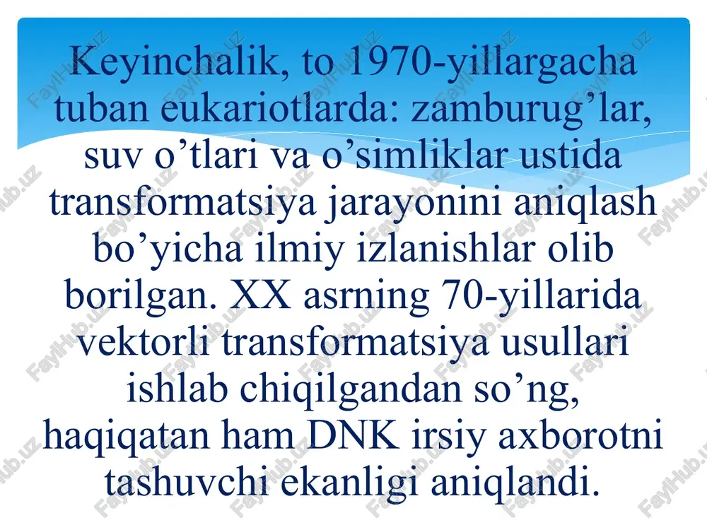 a purin – adenin, guanin va 2 ta pirimidin – timin, sitozindan iborat. dnk molekulasining eng xarakterli xususiyati shundaki, vodorod bog’lari bilan birlashgan ikkita zanjirdan iboratligidir. bu ikki ip bir-birini shunday to’ldirib turadiki, bunda bitta ipdagi adenin vodorod bog’i orqali ikkinchi ipdan timin bilan, guanin esa sitozin bilan har doim bog’lanib turadi. shuning uchun ham dnk molekulasi 2 ta ipga ajralishi va tegishli sharoitda bu iplarning har biri o’ziga o’xshash 2 ta dnk qiz molekulalarini hosil qilishidadir. dnkning ana shu xususiyati, ya’ni avtoreproduksiyasi, hujayraning bo’linishida, irsiy axborotni ona hujayradan qiz hujayralariga tashishda muhim ahamiyatga ega. dnk molekulasining eng xarakterli tomoni, uning tarkibiga kiradigan monomerlar – nukleotidlarning soniga, sifatiga va ularning qo’shilishiga bog’liqdir. dnk molekulasining ikkala ipi bir-biri bilan komplementardir, ya’ni ular bir-birini to’ldiradi. dnkning bitta o’rami 10 juft asosdan iborat bo’lib, uning uzunligi 34 a0 dir. asoslar oralig’idagi masofa 3,4 a0 dir. dnk molekulasida nukleotidlar navbat bilan ketma-ket joylashadi. nukleotidlar …