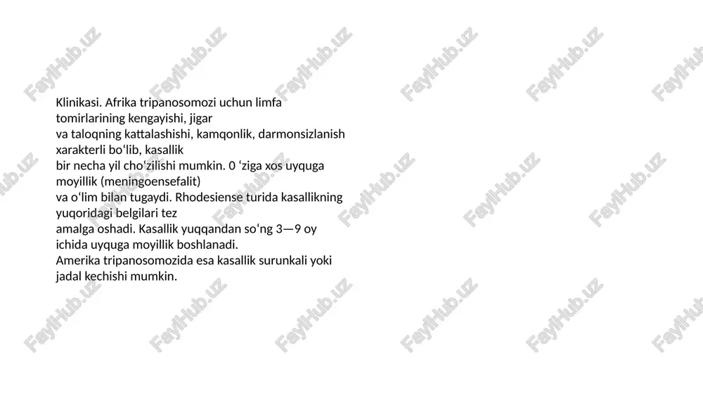 yuvishga odatlanish zarur trixomonadalar oilasi (trichomonadidae) odam oiganizmida uch tur trixomonadalar parazitlik qiladi. yo‘g‘on ichakda — ichak trixomonadasi — trichomonas hominis, og‘iz bo‘shlig‘ida — og‘iz trixomonadasi — trichomonas tenax, jinsiy va siydik yo'llarida — qin trixomonadasi — trichomonas vaginalis. ichak trixomonadasi (trichomonas hominis) (7-rasm) — hamma joyda keng tarqalgan, odamning yo‘g‘on ichagida parazitlik qilib yashaydi. tanasi oval shaklda, ketingi uchi o‘tkirlashgan, uzunligi 5—15 mkm, sharsimon yadrosi tananing oldingi qismida joylashgan. gavdaning oldingi uchida 4—5 ta xivchini bor, ulardan bittasi to‘lqinsimon parda bo‘ylab orqaga qayrilgan. xivchinlar trixomonadaning harakatini ta’minlaydi. protoplazmasida hazm qiluvchi vakuolalari mavjud. ularda bakteriya va eritrotsitlar uchraydi. trixomonada uzunasiga bo‘linish yo‘li bilan ko‘payadi. sistalik formalari yo‘q. odam ichagida parazitlik qiluvchi trixomonadalar xavfli kasalliklami keltirib chiqarmaydi, lekin koht (ich qotish) kasalini tezlashtiradi, degan ma’lumotlar bor. qin trixomonadasi (trichomonas vaginalis) (8-rasm) — tanasining kattaligi 15—30 mkm gacha, noksimon shaklda. tuzilishiga koya ichak trixomonadasiga o‘xshaydi. bu parazit hamma joyda tarqalgan bo‘lib, erkak …
