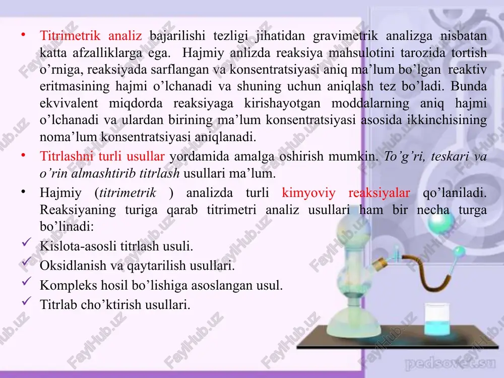 5 ml) distillangan suv qo’shib, yaxshilab chayqatiladi yoki shisha tayoqcha bilan aralashtiriladi.hosil bo’lgan loyqa (suspenziya) stakandagi qaynab turgan 100 ml suvga solinadi. shundan so’ng erit­ma 2 minut davomida (eritma tiniq; xolga kelguncha) qaynatilib, issiqligicha filtrlanadi. filtrat titrlash vaqtida indikator sifatida ishlatiladi. kraxmal eritmasi mikroorganizmlarni oziqlantiruvchi muxit bo’lib, tez buzilib qolishini xam nazarda tutish kerak. agar kraxmal eritmasini tayyorlashda unga bir necha milligramm hgj2 qo’shilsa, ancha barqaror erit­ma xosil bo’ladi.indikator eritmasining to’g’ri tayyorlanganligini tekshirib ko’rish shart. buning uchun 2-3 ml kraxmal erit­masi 50 ml distillangan suvga solinadi, unga yodning 0,02 n eritmasidan bir tomchi tomizilganda zangori rang paydo bo’lishi kerak. agar bu vaqtda eritma ko’karmay, binafsha yoki qo’ng’ir tusga kirsa kraxmal eritmasi aynigan bo’ladi, bunday eritmani indikator sifatida ishlatib bo’lmaydi. natriy tiosulfatning foizli eritmasidan uning 0,02n eritmasini tayyorlash. natriy tiosulfat kristall moddadir. garchi tegishli sharoit yaratilganda tiosulfat kimyoviy toza xolda olinsada, aniq tortim bo’yicha tiosulfatdan titrlangan eritma tayyorlab bo’lmaydi, chunki uning …