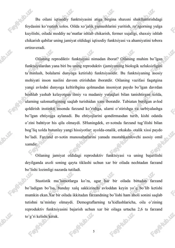 q sakkizinchi avloddan keyin yo’q bo’lib ketishi mumkin ekan.xar bir oilada ikkitadan farzandning bo’lishi ham aholi sonini saqlab tutishni ta’minlay olmaydi. demograflarning ta’kidlashlaricha, oila o’zining reproduktiv funktsiyasini bajarish uchun xar bir oilaga urtacha 2,6 ta farzand to’g’ri kelishi kerak. albatta, faqat oilagina jamiyat oldidagi funktsiyalarni bajarib qolmasdan, balki jamiyat xam oilalarga funktsiyalarini bajarib qolmasdan, balki jamiyat xam oilalarga funktsiyalarni muvaffaqiyatli uddalashlari uchun zarur bo’lgan shart-sharoitlarni yaratib berish lozim. bu o’rinda xukumatimiz tomonidan yuritilayotgan demografik siyosat, iqtisodiy, ijtimoiy va xuquqiy tadbirlar bunga yaqqol misol bo’la oladi. bunday siyosatning asosiy yo’nalishlari onalik va bolalikni muhofaza qilish, ko’p bolali va kam ta’minlangan oilalarning moddiy ahvolini yaxshilash, yosh oilalarga, onalarga yaratilayotgan imtiyozlar va shu qabilardan iborat oilaning tarbiyaviy funktsiyasi deyilganda nima nazarda tutiladi ? bolalarning aqliy, jismoniy, ahloqiy, estetik tarbiyasiga oilada asos solinadi. oila inson deb ataluvchi binoning faqat poydevorini qo’yish bilan cheklanmasdan, balki uning so’nggi g’ishti qo’yilguncha javobgardir. ota-ona- san’atkor, bola- san’at asari, …