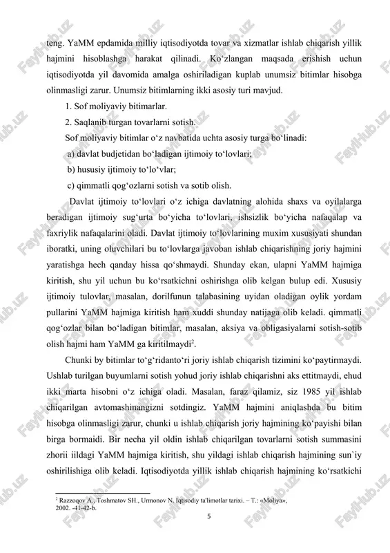 n ishlab chiqarilgan tovarlarni sotish summasini zhorii iildagi yamm hajmiga kiritish, shu yildagi ishlab chiqarish hajmining sun`iy oshirilishiga olib keladi. iqtisodiyotda yillik ishlab chiqarish hajmining ko‘rsatkichi yamm bilan birga, uning asosida hisoblanish mumkin bo‘lgan bir qator o‘zaro bogliq ko‘rsatkichlar mavjud bo‘ladiki, ular milliy iqtisodiyotning turli tumanlarini harakterlab beradi. yamm ko‘rsatkichiga sof eksport, eksport va import o‘rtasidagi farq kiradi. ammo turli mamlakatlarda tashqi savdo faoliyatining salmoqi keskin farqlanadi. shu sababli milliy iqtisodiyot rivojlanish darajasini halqaro taqqoslash uchun yalpi ichki maxsulot (yaim) ko‘rsatkichidan foydalaniladi. yaim ma`lum vaqt davomida (bir yilda) mamlakat hududida ishlab chiqarilgan pirovard maxsulot va hizmatlarning bozor qiymati. u barcha ishlab chiqaruvchilar qo‘shilgan qiymatlar yig‘indisi sifatida chiqadi. yamm berilgan bo‘lsa undan to‘lov balansi qoldig‘i (eksport va import o‘rtasidagi farq)ni chiqarib tashlash yo‘li bilan yaim aniqlanadi. yamm va yaim ishlab chiqarish yalpi hajmining ko‘rsatkichi sifatida bitta muxim kamchilikka ega. ular mazkur yilda ishlab chiqarish jarayonida foydalanilgan o‘rnini to‘plash uchun zarur bo‘lgan …