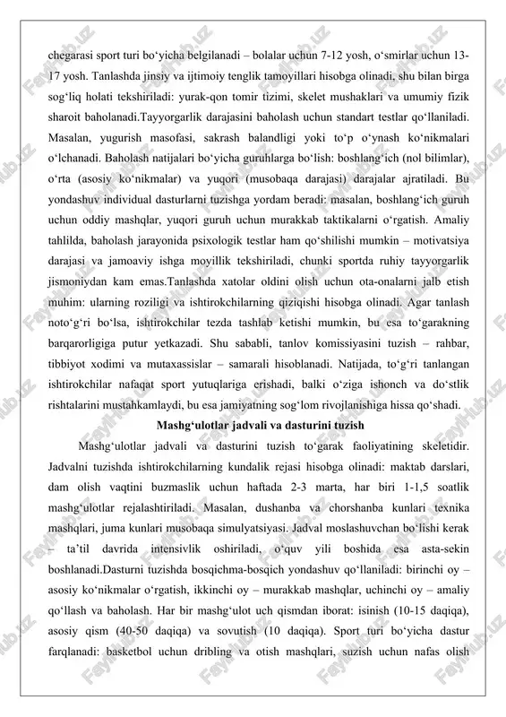 qori guruh uchun murakkab taktikalarni o‘rgatish. amaliy tahlilda, baholash jarayonida psixologik testlar ham qo‘shilishi mumkin – motivatsiya darajasi va jamoaviy ishga moyillik tekshiriladi, chunki sportda ruhiy tayyorgarlik jismoniydan kam emas.tanlashda xatolar oldini olish uchun ota-onalarni jalb etish muhim: ularning roziligi va ishtirokchilarning qiziqishi hisobga olinadi. agar tanlash noto‘g‘ri bo‘lsa, ishtirokchilar tezda tashlab ketishi mumkin, bu esa to‘garakning barqarorligiga putur yetkazadi. shu sababli, tanlov komissiyasini tuzish – rahbar, tibbiyot xodimi va mutaxassislar – samarali hisoblanadi. natijada, to‘g‘ri tanlangan ishtirokchilar nafaqat sport yutuqlariga erishadi, balki o‘ziga ishonch va do‘stlik rishtalarini mustahkamlaydi, bu esa jamiyatning sog‘lom rivojlanishiga hissa qo‘shadi. mashg‘ulotlar jadvali va dasturini tuzish mashg‘ulotlar jadvali va dasturini tuzish to‘garak faoliyatining skeletidir. jadvalni tuzishda ishtirokchilarning kundalik rejasi hisobga olinadi: maktab darslari, dam olish vaqtini buzmaslik uchun haftada 2-3 marta, har biri 1-1,5 soatlik mashg‘ulotlar rejalashtiriladi. masalan, dushanba va chorshanba kunlari texnika mashqlari, juma kunlari musobaqa simulyatsiyasi. jadval moslashuvchan bo‘lishi kerak – ta’til davrida …