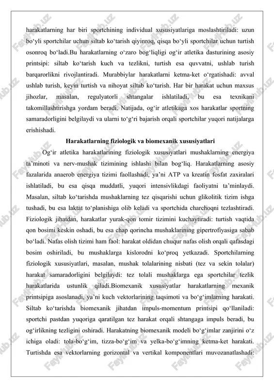 r bir harakat uchun maxsus jihozlar, masalan, regulyatorli shtangalar ishlatiladi, bu esa texnikani takomillashtirishga yordam beradi. natijada, og‘ir atletikaga xos harakatlar sportning samaradorligini belgilaydi va ularni to‘g‘ri bajarish orqali sportchilar yuqori natijalarga erishishadi. harakatlarning fiziologik va biomexanik xususiyatlari og‘ir atletika harakatlarining fiziologik xususiyatlari mushaklarning energiya ta’minoti va nerv-mushak tizimining ishlashi bilan bog‘liq. harakatlarning asosiy fazalarida anaerob energiya tizimi faollashadi, ya’ni atp va kreatin fosfat zaxiralari ishlatiladi, bu esa qisqa muddatli, yuqori intensivlikdagi faoliyatni ta’minlaydi. masalan, siltab ko‘tarishda mushaklarning tez qisqarishi uchun glikolitik tizim ishga tushadi, bu esa laktat to‘planishiga olib keladi va sportchida charchoqni tezlashtiradi. fiziologik jihatdan, harakatlar yurak-qon tomir tizimini kuchaytiradi: turtish vaqtida qon bosimi keskin oshadi, bu esa chap qorincha mushaklarining gipertrofiyasiga sabab bo‘ladi. nafas olish tizimi ham faol: harakat oldidan chuqur nafas olish orqali qafasdagi bosim oshiriladi, bu mushaklarga kislorodni ko‘proq yetkazadi. sportchilarning fiziologik xususiyatlari, masalan, mushak tolalarining nisbati (tez va sekin tolalar) harakat samaradorligini belgilaydi: tez …
