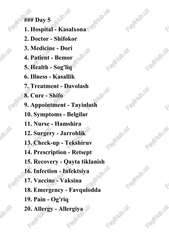 ive - qarindosh 6. grandparent - bobo-ona 7. cousin - jiyan 8. marriage - nikoh 9. divorce - ajralish 10. love - sevgi 11. support - qo'llab-quvvatlash 12. care - g'amxo'rlik 13. respect - hurmat 14. trust - ishonch 15. friendship - do'stlik 16. relationship - aloqa 17. reunion - yig'ilish 18. celebration - bayram 19. tradition - an'ana 20. memory - xotira ### day 20 1. fashion - moda 2. style - usul 3. trend - trend 4. outfit - kiyim 5. accessory - aksessuar 6. wardrobe - kiyimlar 7. designer - dizayner 8. fabric - matoliq 9. color - rang 10. pattern - nizom 11. texture - tekstura 12. couture - koutur 13. tailor - muxandis 14. runway - ko'rgazma 15. model - model 16. fashion show - moda ko'rgazmasi 17. vintage - nostalgik 18. casual - oddiy 19. formal - rasmiy 20. seasonal - faslga oid ### …