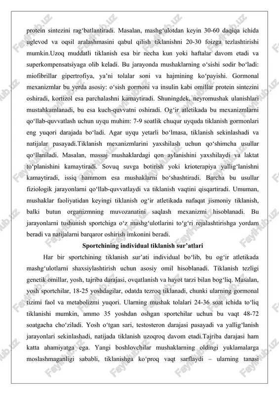 zol esa parchalashni kamaytiradi. shuningdek, neyromushak ulanishlari mustahkamlanadi, bu esa kuch-quvvatni oshiradi. ogʻir atletikada bu mexanizmlarni qoʻllab-quvvatlash uchun uyqu muhim: 7-9 soatlik chuqur uyquda tiklanish gormonlari eng yuqori darajada boʻladi. agar uyqu yetarli boʻlmasa, tiklanish sekinlashadi va natijalar pasayadi.tiklanish mexanizmlarini yaxshilash uchun qoʻshimcha usullar qoʻllaniladi. masalan, massaj mushaklardagi qon aylanishini yaxshilaydi va laktat toʻplanishini kamaytiradi. sovuq suvga botirish yoki krioterapiya yalligʻlanishni kamaytiradi, issiq hammom esa mushaklarni boʻshashtiradi. barcha bu usullar fiziologik jarayonlarni qoʻllab-quvvatlaydi va tiklanish vaqtini qisqartiradi. umuman, mushaklar faoliyatidan keyingi tiklanish ogʻir atletikada nafaqat jismoniy tiklanish, balki butun organizmning muvozanatini saqlash mexanizmi hisoblanadi. bu jarayonlarni tushunish sportchiga oʻz mashgʻulotlarini toʻgʻri rejalashtirishga yordam beradi va natijalarni barqaror oshirish imkonini beradi. sportchining individual tiklanish sur’atlari har bir sportchining tiklanish sur’ati individual boʻlib, bu ogʻir atletikada mashgʻulotlarni shaxsiylashtirish uchun asosiy omil hisoblanadi. tiklanish tezligi genetik omillar, yosh, tajriba darajasi, ovqatlanish va hayot tarzi bilan bogʻliq. masalan, yosh sportchilar, 18-25 yoshdagilar, odatda tezroq …