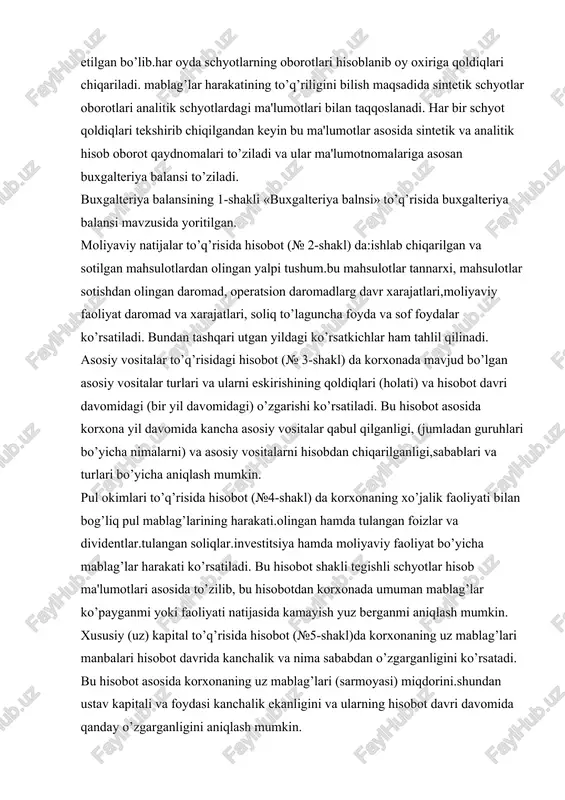 ma sababdan o’zgarganligini ko’rsatadi. bu hisobot asosida korxonaning uz mablag’lari (sarmoyasi) miqdorini.shundan ustav kapitali va foydasi kanchalik ekanligini va ularning hisobot davri davomida qanday o’zgarganligini aniqlash mumkin. korxonalar yuqoridagi hisobot turlaridan tashqari debitorlik va kreditorlik qarzlari to’q’risida ma'lumotnoma (№2a-shakl) va moliyaviy iqtisodiy holat bo’yicha ma'lumotnoma (№2b-shakl) hamda yillik hisobotda izohlar, tushuntirishlar bo’ladi. debitorlik va kreditorlik qarzlari to’q’risidagi ma'lumotnoma-1 da korxonaning mamlakat ichidagi va chet ellardagi debitorlik va kreditorlik qarzlarining harakati ko’rsatiladi. bu muxim hisobot shakllaridan biri bo’lib.bu ma'lumotnoma asosida debitor va qarzlarning to’lov muddatlari utib ketmasligini nazorat qilish mumkin. moliyaviy iqtisodiy holat bo’yicha ma'lumotnomada korxonaning hisobot davri boshi va oxirida moliyaviy – iqtisodiy ko’rsatkichlarning o’zgarishi ko’rsatiladi. izohlar va tushuntirishlarda hisobotdan foydalanuvchilarga tushunarli bo’lishi uchun, hisobotlarning ayrim moddalari kengaytirilib, aniqlanib beriladi. bunda korxonada qo’llanilgan hisob yuritish siyosatiga katta ahamiyat beradi. buxgalteriya hisobotlarini tasdiqlash va topshirish. to’zilgan buxgalteriya hisoboti shakllari bir necha nusxada tayyorlanadi. barchasiga korxona rahbari va bosh buxgalter imzo chekadi …