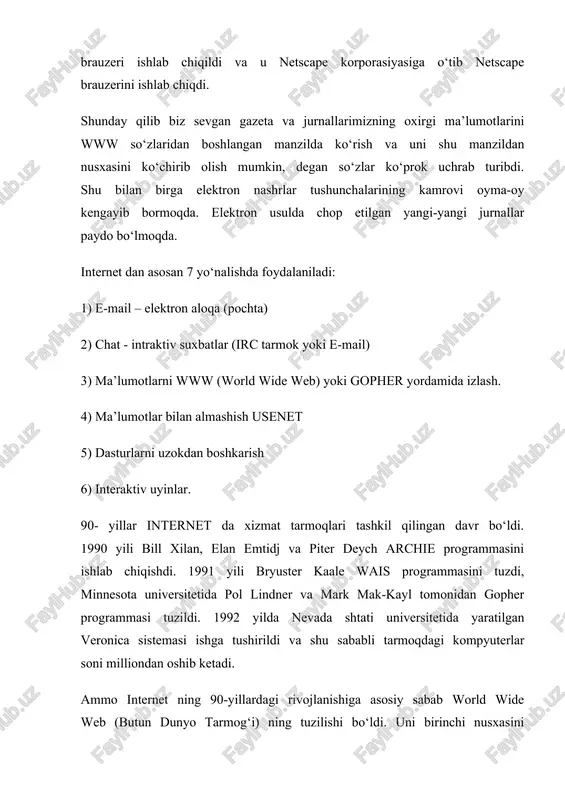 oyiladi. www da ma’lumotlar sahifalarda joylashadi. bu sahifalarning egasi kim? ular yirik korporasiyalar yoki kichik korxonalar, universitet va maktablar, tashkilotlar, jurnal va ruznomalar yoki oddiy shaxslardir. bu sahifalarda turli-tuman ma’lumotlar joylanadi. gipermantn bu matnni giperko‘rsatmalar yordamida tushuntirishdir. ya’ni matndagi biror so‘z yoki atamani izoxlashda boshqa matn yoki sahifadan foylanish. har bir internet sahifasi o‘z tarmoq adresiga ega va aqshning virdjiniya shtatida shu adreslar takrorlanmasligi uchun maxsus kompaniya mavjud. bu url (universal resorce locators) adresi. url adresi giperhujjatning nomi va joylanish katalogi, serveri, domeni va server turini ko‘rsatadi. url adresi bir necha qismdan iborat. har bir qismi nuqta bilan ajratiladi. url adresning umumiy ko‘rinishi: sistema :// kompyuter(bo‘lim)_nomi . tarmoq(provayder yoki server)_nomi . yuqori_domen/faylgacha_to‘liq_yul(papkalar va fayl) masalan: http://informatika.freenet.uz/bonus/music.html music.html –fayl nomi bonus - katalog freenet.uz – yuserver nomini ko‘rsatadi http: - ma’lumotlarni almashish koidalar sistemasini ko‘rsatadi (http –bu www, ftp – bu ftp, gopther –bu gopher sistemalari). ftp protokol yordamida biz internet …