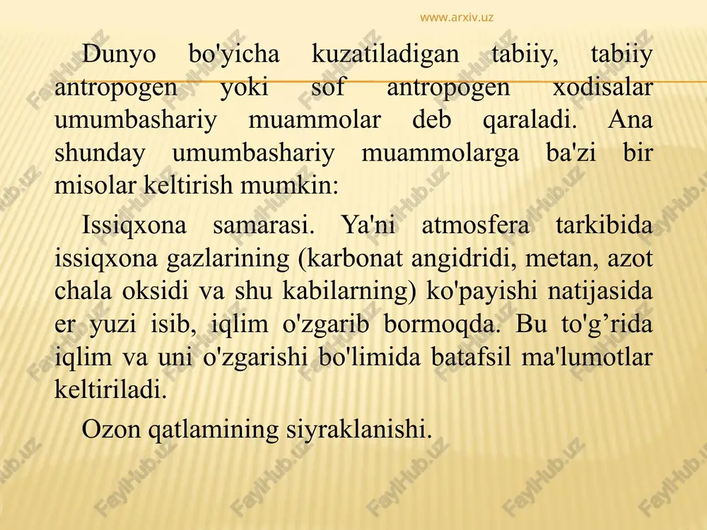 da 100 mingdan ortiq avtomobillar mavjud. avtomobillar ko'p yuradigan katta ko'chalar atrofida uglerod oksining miqdori ruxsat etilgan me'yordan (rem) 2 – 3 marta, azot oksidi 2 – 2,5 marta ortiqligi kuzatilgan. shaxarda a.a.rudakiy, yu.a.gagarin, y.oxunboboev, «universitet xiyoboni», a.ikromov, a.temur, sh.rashidov, v.abdullaev ko'chalarida gazlar bilan ifloslanish juda kuchli. samarqand va navoiy shaxarlari axolisi uchun maxalliy axamiyatga ega bo'lgan muammolardan yana biri zarafshon daryosining og’ir metallar bilan ifloslanishidir. www.arxiv.uz www.arxiv.uz a.raxmatullaev va r.i.mamajonovlarning (1998) ma'lumotlariga qaraganda bu shaxarlarga yaqin zarafshon daryosining suvi tarkibida mis va rux me'yorlaridan 1,5 – 20 marta, olti valentli xromning o'rtacha miqdori navoiy shaxri yaqinida 4 barobar ortiqligi, eng ko'p miqdori 17,4 marta ko'pligi aniqlangan. bundan tashqari xar birimizning xovlimiz, uy-joyimiz, maxalla va tanamizning sanitariya xolati xam ba'zi ekologik muammolarga olib kelishi mumkin. www.arxiv.uz www.arxiv.uz www.arxiv.uz www.arxiv.uz markaziy osiyo agrolandshaftlarining ekologik vaziyatining buzilishiga ta'sir etuvchi omillardan yana biri madaniy tuproqlarning qaytadan sho'rlanish jarayonidir. tuproqlarning qaytadan sho'rlanishining asosiy sababi …