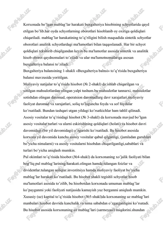 igini ko’rsatadi. bu hisobot asosida korxonaning uz mablag’lari (sarmoyasi) miqdorini.shundan ustav kapitali va foydasi kanchalik ekanligini va ularning hisobot davri davomida qanday o’zgarganligini aniqlash mumkin. korxonalar yuqoridagi hisobot turlaridan tashqari debitorlik va kreditorlik qarzlari to’q’risida ma'lumotnoma (№2a-shakl) va moliyaviy iqtisodiy holat bo’yicha ma'lumotnoma (№2b-shakl) hamda yillik hisobotda izohlar, tushuntirishlar bo’ladi. debitorlik va kreditorlik qarzlari to’q’risidagi ma'lumotnoma-1 da korxonaning mamlakat ichidagi va chet ellardagi debitorlik va kreditorlik qarzlarining harakati ko’rsatiladi. bu muxim hisobot shakllaridan biri bo’lib.bu ma'lumotnoma asosida debitor va qarzlarning to’lov muddatlari utib ketmasligini nazorat qilish mumkin. moliyaviy iqtisodiy holat bo’yicha ma'lumotnomada korxonaning hisobot davri boshi va oxirida moliyaviy – iqtisodiy ko’rsatkichlarning o’zgarishi ko’rsatiladi. izohlar va tushuntirishlarda hisobotdan foydalanuvchilarga tushunarli bo’lishi uchun, hisobotlarning ayrim moddalari kengaytirilib, aniqlanib beriladi. bunda korxonada qo’llanilgan hisob yuritish siyosatiga katta ahamiyat beradi. buxgalteriya hisobotlarini tasdiqlash va topshirish. to’zilgan buxgalteriya hisoboti shakllari bir necha nusxada tayyorlanadi. barchasiga korxona rahbari va bosh buxgalter imzo chekadi hamda korxona …