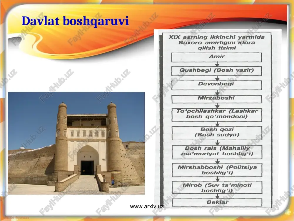 ma'rifat sohasida ham asosan diniy ta'limotlar ustunlikni egallay boshladi, oldingi ma'naviy yutuqlarning ta'siri kamaydi. lekin shunga qaramay madaniy hayotda qator ijobiy natijalar ham yuz berganini ko'ramiz. xususan, adabiyot, tarixiy ilmlar, san'atning ayrim turlari sohasida yirik adib, shaxslar yetishib chiqdi. o'zbek tilining mavqei kuchayib, u adabiyotda borgan sari keng o'rin egallaganini ko'ramiz.fors va o'zbek tillaridan adabiy til sifatida keng foydalanila boshlandi. xix asrning birinchi yarmida har uch xonlikda madaniyat, xususan, adabiyot va tarixnavislik sohasida muhim jonlanish vujudga keldi. www.arxiv.uz www.arxiv.uz buxoro amirligi, qo'qon va xiva xonliklarida shaharlar rivojlandi, masjidu madrasa, xonaqoh-rabot, hammom, karvonsaroy va shifoxonalar bunyod etildi. buxorodagi mir arab, abdullaxon ii, abdulazizxon madrasalari, toshkentdagi ko'kaldosh madrasasi va qaffol shoshiy maqbarasi, xivadagi olloqulixon majmuasi, qo'qondagi qo'shmadrasa, norbo'tabiy va madalixon madrasalari, modarxon qasri, xudoyorxon saroyi shular jumlasidandir. www.arxiv.uz www.arxiv.uz