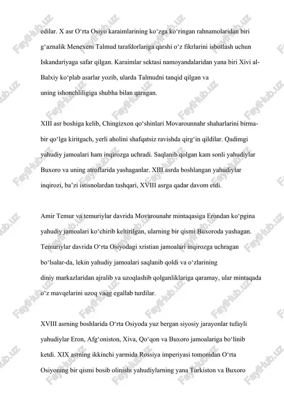 a yahudiylar teatri tashkil qilingan. keyinchalik yahudiy tilida o‘qitish va madaniy faoliyat yuritish to‘xtatilgan. sssr parchalanib ketguniga qadar buxoro yahudiylari asosan (28396 kishi) o‘zbekiston hududida istiqomat qilganlar. yahudiylarning turmush tarzlari, urf-odatlari qadimiy yahudiy, fors va mahalliy madaniy an’analarning qorishmasidan iborat. tarixning turli jarayonlarida bu uch madaniyatdan ba’zilarining ta’siri kuchayishi yoki aksincha, susayishi kuzatilgan. yahudiylikda ovqatlanishda qat’iy cheklovlar (kosher qoidalari) mavjud. iste’molda foydalaniladigan mol, qo‘y, echki kabi hayvon go‘shtlarini muayyan diniy qoidalar asosida so‘yilishi lozim hisoblangan. «shoxet»lar (qassoblar) hayvonni so‘yishdan avval uning terisi, o‘pkasi, jigari sog‘lom bo‘lishi, qorni yorib ko‘rilganda uning ichida o‘limiga sabab bo‘luvchi jismlar (tosh, temir, oynak) bo‘lmasligini tekshirib ko‘radilar. shuningdek, so‘yilgan hayvon go‘shti tarkibidan qoni butunlay chiqarib yuborilishi kerak bo‘ladi. baliq go‘shtini tanovul qilganda, uning tangali va suzkichli bo‘lishiga e’tibor qaratilgan. buxoro yahudiylari orasida islom dinini qabul qilganlar ham bo‘lib, bundaylar chala deb yuritilgan. islomni qabul qilgan yahudiylar musulmonlar orasida yashaganlar. biroq ko‘p hollarda ular o‘zlarining eski urf-odatlarini …