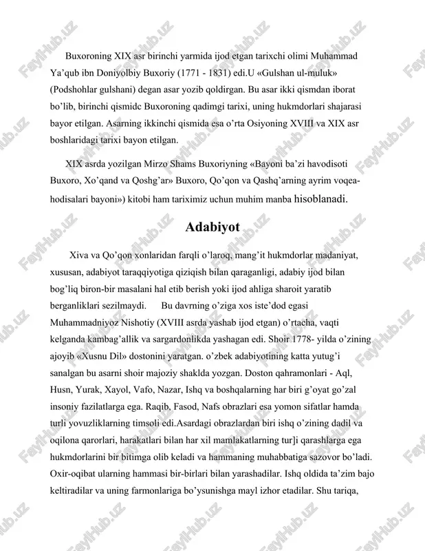 tdagi nomukammallik, ijtimoiy tengsizlik, adolatsizlik odamlar fe’lidagi illatlar tanqid ostiga olinadi. ularda shoirning axloqiy qarashlari, pand-nasihatlari aks etgan.buxoroda shavqiy, joniy, hiromiy, vola va junaydulloh hoziq kabi o’nlab iste’dodli shoirlar ham ijod qilganlar. volaning (1770-1842) ko’zi tug’ma ojiz bo’lsa-da, tabiat unga kuchli iroda, aql, xotira va qobiliyat hamda yoqimli ovoz in’om etgan edi. shoir o’z she’rlaridan 2 ta devon tartib beigan. bizgacha 3 ming misra she’rlari yetib kelgan. o’z she’rlarida xalq boshiga tushgan kulfat va mashaqqatlarni kuylagan. san’at buxoroda xattotlik va miniatura san’ati yaxshi rivojlangan edi. rassomlar asosan qo’lyozmalarni naqshli bezash bilan shug’ullanib, ko’proq diniy mazmundagi kitoblarni bezata boshladilar. bu sohaning qator yetuk bilimdonlari zamonasiga yarasha yodgorlik qoldirdilar. chunonchi, amir haydar davrida ijod qilgan mir mas’um olamiyon «axloqi muhsiniy» kitobini hamda sa’diyning she’riy asarlarini rasm bilan bezaydi. mirzo sodiq jondoriy nasrulloxon amirligi davrida qo’lyozma kitoblaiga lavhalar, sa’diy va hofiz asarlariga turmush manzaralari tasvirlangan rasmlar ishlagan. qo’lyozmalarni badiiy muqovalagan.yirik olim, faylasuf, shoir …