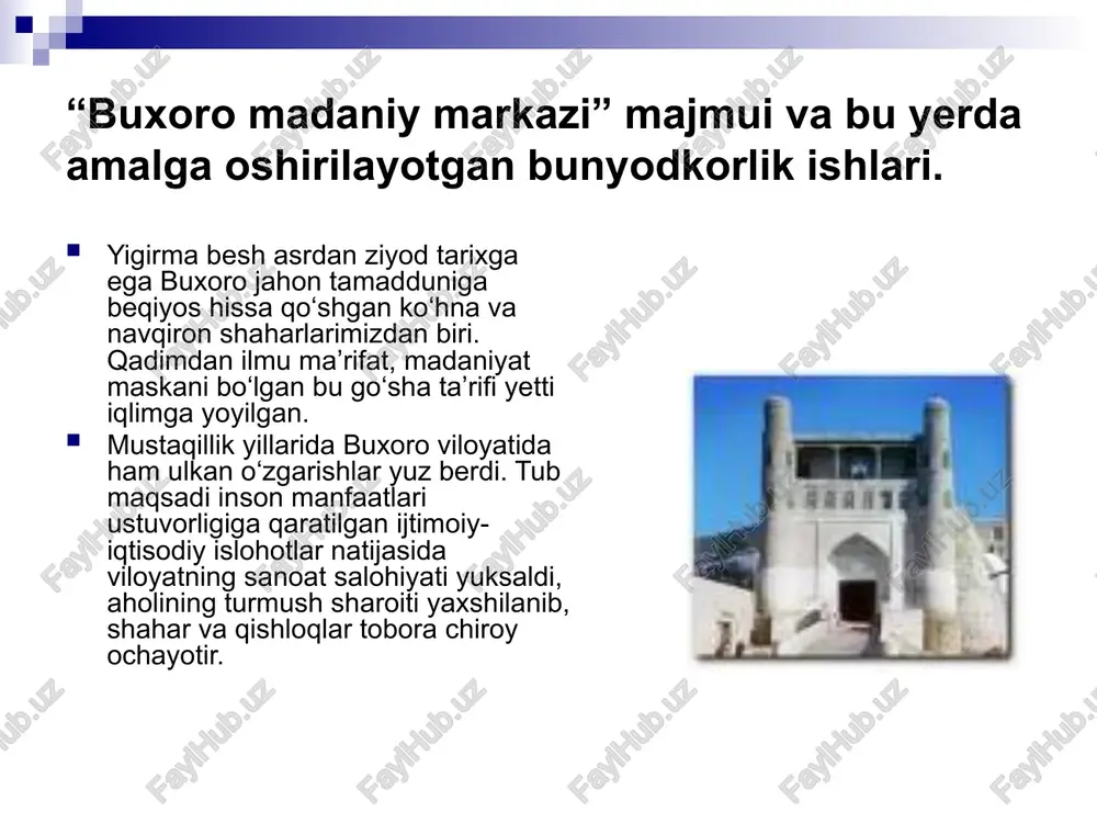 lgan. yer sathidan 9 m chu-qur, bal. 50,0 m, kursisi qirrador, tanasi g`o`lasimon, tepasi gumbazli davra qafasa-ko`shk bilan bog`langan. minora yuqoriga ingichkalashib boradi va muqarnas bilan tugaydi. qafasasidagi 16 ravoqli darchalar orqali atrofni kuzatish mumkin. tepaga minora ichidagi 104 pilpoya aylanma zina orqali chiqiladi. masjidi kalon tomonidan minoraga o`tiladigan ko`prikcha bo`lgan. m.k.ning o`zagi ham, bezagi ham chorsi g`isht (27x27x4x5 sm) ganchxok lo-yida terilgan. bezak gishti o`rniga qarab turli shaklda, sirti silliq pardozlangan. buxoroga asos solinishi vobkent minorasi buxoro viloyati vobkent sh.dagi me`moriy yodgorlik (12-a.). o`n ikki qirrali supa asosga o`rnatilgan g`o`la (quyi qismining diametri 6,19 m, yuqori qisminiki — 2,81 m) shaklida rangdor, pishiq g`ishtlardan qurilgan. bir paytlar yonida mavjud bo`lgan masjid tomonidan kirib, yuqoriga aylanma zinapoya orqali chiqilgan. bo`rtma naqshli 10 belbog` bilan qismlarga ajratilgan, har bir qismi bir-biriga o`xshamaydigan qilib g`isht terib naqshlangan, quyisidagi naqshlar orasida qurilgan yili va qurdirgan shaxs (sadr burhoniddin abdulaziz ii) ning nomi kufiy …