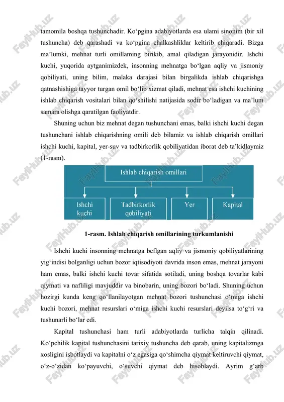 an tabiiy resurslar tushuniladi. bozor iqtisodiyoti sharoitida katta e’tibor beriladigan omillardan biri tadbirkorlik qobiliyatidir. tadbirkor deb iqtisodiy resurslar, ya’ni ishlab chiqarish vositalari va ishchi kuchi resurslarining, tabiiy resurslaming bir-biriga qo‘shilishini ta’minlaydigan, tashkilotchi, yangilikka intiluvchi, tashabbuskor, iqtisodiy va boshqa xavfdan, javobgarlikdan qo‘rqmaydigan kishilarga aytiladi; bu xislatlar majmui esa tadbirkorlik qobiliyati deb yuritiladi. hozirgi davrda ayrim adabiyotlarda axborot va uning vositalarini, ekologiyani ham alohida omil deb ko‘rsatadilar. bizning fikrimizcha, ular yer va kapitalda o‘z ifodasini topadi. 2.ishlab chiqarish jarayonining mazmuni. ishlab chiqarish jarayoni-bu kishilami o‘zlarining iste’moli uchun zarur bo‘lgan moddiy va ma’naviy ne’matlami yaratishga qaratilgan maqsadga muvofiq faoliyatidir. moddiy va ma’naviy ne’matlar yaratish, turli xizmatlar ko‘rsatish jarayoni kishilar iqtisodiy faoliyatining asosiy tomonidir. ma’lumki, har qanday ishlab chiqarish, birinchi navbatda, mehnat jarayonidir yoki boshqacha qilib aytganda, tabiatdagi bor narsalaming kohinishini o‘zining iste’moli uchun muvofiq holga keltirish uchun qilingan mehnat faoliyatidan iboratdir. ana shu mehnat jarayonida kishilar, eng awalo, tabiat bilan, uning kuchlari va …