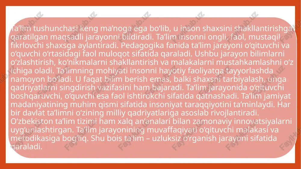 i o‘tkaziladi. o‘qituvchi mavzuni sodda, izchil va tushunarli tilda bayon etadi. mustahkamlash bosqichida o‘quvchilar yangi bilimlarni qo‘llashga o‘rganadilar. darsning yakunida esa o‘zlashtirilgan materialni tahlil qilish va baholash ishlari amalga oshiriladi. har bir bosqich o‘zaro uzviy bog‘liq bo‘lib, umumiy natijaga xizmat qiladi. darsning tuzilmasi o‘qituvchining metodik yondashuviga qarab o‘zgarishi mumkin. samarali dars o‘quvchilarni faol fikrlash va mustaqil o‘rganishga yo‘naltiradi. dars turlari darslar o‘z maqsadi va mazmuniga ko‘ra turlicha bo‘ladi. eng ko‘p uchraydigan dars turlariga yangi bilim beruvchi, bilimni mustahkamlovchi, takrorlovchi, aralash va nazorat darslari kiradi. yangi bilim beruvchi darsda o‘quvchilar uchun ilgari o‘rganilmagan material tushuntiriladi. mustahkamlovchi darsda o‘tilgan mavzular amaliy mashqlar orqali qayta ishlanadi. takrorlovchi darslar bilimlarni tizimlashtirishga xizmat qiladi. aralash dars bir necha vazifani birgalikda bajaradi, masalan, yangi mavzuni tushuntirish va uni mustahkamlash. nazorat darslarida o‘quvchilarning bilim, ko‘nikma va malakalari baholanadi. har bir dars turi o‘ziga xos metod va vositalarni talab etadi. dars turlarining to‘g‘ri tanlanishi o‘quv jarayonining samaradorligini belgilaydi. …