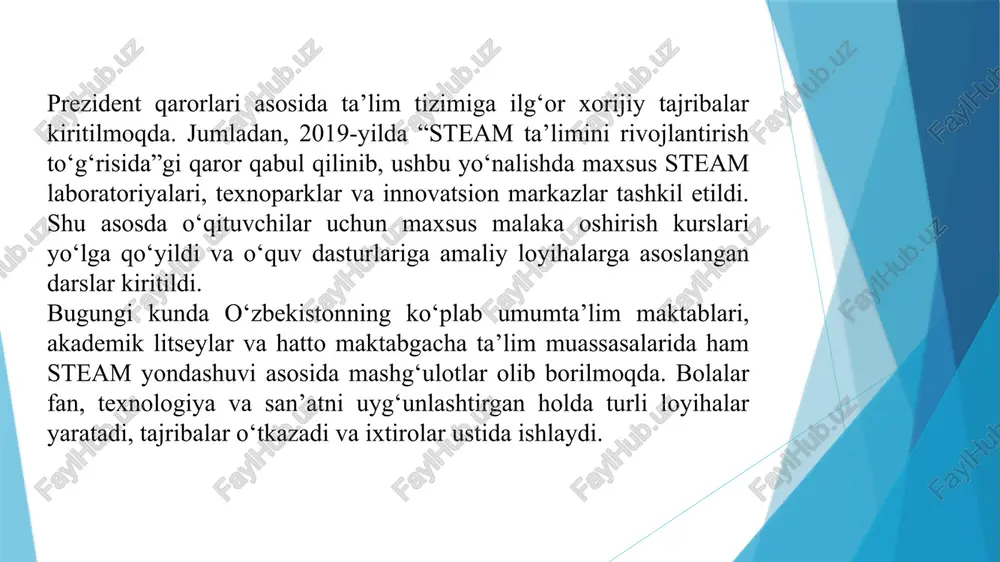 team dasturida bola har tomonlama intellektli, rejalashtirish, tanlash qobiliyatlari namoyon bo‘la boshlaydi. turli tadbirlarda o‘z bilim va ko‘nikmalariga tayanib, o‘z qarorlarini qabul qilishga, turli faoliyatda ya’ni o‘yin, muloqot, ta’limiy va tadqiqot faoliyatlarida mustaqillikni namoyon qila boshlaydilar. yo‘nalish kutilayotgan natija (raqamlarda) maktabgacha ta’lim qamrovi 2017 yilda 30 % → 2030 yilgacha 90–95 % gacha oshadi o‘qituvchilar malakasi har bir muassasada kamida 1 steam mutaxassis bo‘ladi; o‘qituvchilarning 80–90 % i innovatsion metodikani biladi kurikulum yangilanishi 31 metodist orqali 100 000+ tarbiyachi o‘qitilgan; barcha hududlarda o‘yin asosidagi steam dasturi joriy etiladi infratuzilma rivoji har bir tumanda kamida 1 ta steam laboratoriya; 10–15 ming bola zamonaviy texnik jihozlardan foydalanadi tenglik va imkoniyat qishloq muassasalarining 75–90 % ida steam mashg‘ulotlari tashkil etiladi quyida steam (fan, texnologiya, muhandislik, san'at, matematika) ta’lim texnologiyalari asosida dastur / loyiha joriy etilganda maktabgacha ta’lim sohasida o‘zbekistonda kutiladigan natijalarni raqamli ko’rsatkichlar bilan prognoz shaklida ko‘rib chiqamiz 🟢 1-qism. tashkiliy va pedagogik …