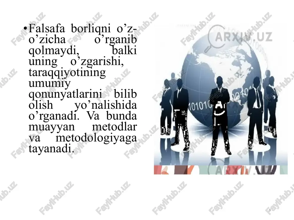 o’zgarishlar sifatida namoyon bo’ladi. taraqqiyot - tizimni yangilashga olib keluvchi ilgarilama o’zgarish. taraqqiyot (rivojlanish) moddiy obyekt va ma’naviy omillarning 1) yangi sifatlarini yuzaga keltiradigan; 2) takrorlanmaydigan, aniq yo’nalishda yuz beradigan; 3) qonuniyatli asosda ro’y beradigan tub o’zgarishlardir. mazkur uch xususiyat mavjud bo’lgandagina o’zgarish taraqqiyot darajasiga ko’tariladi. progress - murakkab tizimlarning yuqori va mukammal bosqichga o’tishini ta’minlaydigan rivojlanish turidir. regress - narsa, voqea, jarayonning inqirozi, orqaga kaytishidir. 17 qonun qonun - muayyan shart-sharoitda voqealar rivojining xususiyati va yo’nalishlarini belgilay- digan, ma’lum bir qat’iy natijani taqozo etadigan, obyektiv dunyodagi narsa va hodisalarning muhim, zaruriy, umumiy, ichki, barqaror munosabatlaridir. qonunlar olamdagi aloqadorliklarni aks ettirish xususiyatlariga ko`ra 3 turga bo`linadi tabiat qonunlari jamiyat qonunlari tafakkur qonunlari qonunlar amal qilish darajasiga ko`ra 3 turkumga bo`linadi eng umumiy qonunlar (falsafa qonunlari); umumiy qonunlar (jamiyat qonunlari); xususiy qonunlar (kulon qonuni). xususiy qonunlar narsa, hodisalarning o’rtasidagi nisbatan tor doiradagi aloqadorlikni funksional tarzda ifodalaydi. u muayyan bir ob’ektning o‘ziga …