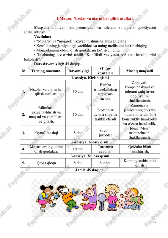 ish predmetiga aylandi. hozirgi vaqtda konfliktologiya amaliyotda tobora muhim ahamiyat kasb etmoqda. konfliktning faol ishtirokchisi bo‘lgan odam, umuman olganda, konfliktlardan qutulib bo‘lmasligini, konfliktsiz davlat bo‘lishi mumkin emasligini tushunadi. biroq, nizolar ko‘pincha insonning hayotini zaharlaydi, odatiy ritmni buzadi va o‘zini o‘zi qadrlashni kamaytiradi. ko‘pchilik nizoni hal qilishning tinch yo‘lini izlaydi, lekin buni qanday qilishni har doim ham bilmaydi. shunday qilib, niyatlar va imkoniyatlar o‘rtasida tafovut mavjud. · keling, ushbu qarama-qarshilikni biz uchun eng qulay usul - muammoni o‘rganish usuli bilan hal qilishga harakat qilaylik. bizning maqsadimiz konstruktiv hal qilish orqali nizoli vaziyatlardan chiqishning mumkin bo‘lgan yo‘llarini ko‘rsatishdir. bugun biz "mojaroli vaziyat", "mojaro" tushunchalarini, konfliktning sabablari va tuzilishini, uning funksiyalarini, shuningdek, ziddiyatli vaziyatda shaxs hatti-harakatlarining asosiy modellarini ko‘rib chiqamiz. o‘quvchilar guruhlarga bo‘lingan holda o‘tirishadi. - ijtimoiy hayotning konflikt kabi hodisasiga qanday munosabatda bo‘lishingizga qarab o‘rinlarni egallashingizni so‘rayman. ijobiy salbiyni bilmaydi psixolog: - konflikt - bu turli xil va ko‘pincha qarama-qarshi maqsadlar, manfaatlar …