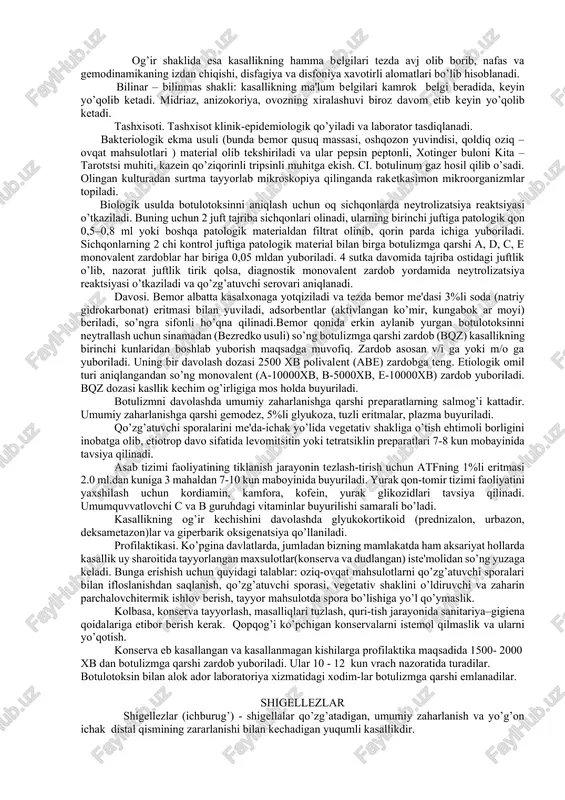 uzli eritmalari) va enterosorbentlar (bektit-m, smekta) buyuriladi. yuqoridagi davolash tadbiri juda qulay bo’lib, guruhli kasallanish yuzaga kelganda, vena ichi tuzli eritmalari tanqisligida yuqori samara beradi. oshqozonni yuvgandan so’ng ham qayta-qayta qusish alomatlari va umumiy zaharlanish, hamda suvsizlanishning iii-iv darajasi belgilari kuzatilganda standart tuzli eritmalar (“trisol”, “xlosol”, “kvartasol”) 38oc gacha isitilib, kasallikning og’ir kechishida 60-120 ml bemorning kg vazniga, o’rtacha og’irlikda esa 55-75 ml bemorning kg vazniga vena ichiga 60-120 ml/min tezlikda yuboriladi. vena ichi parenteral regidratatsiya qusish to’xtagandan so’ng, gemodinamik ko’rsatkichlar va buyrakning ajratish faoliyati tiklanganidan so’ng to’xtatiladi. ovqat toksikoinfeksiyasining gastrointestinal shakllarini davolashda etiotrop davo o’tkazilishi maqsadga muvofiq emas. bemorlarga kasallik boshida №4, so’ngra esa №13 parhezli stol buyuriladi. iste'moldan me'da-ichak shilliq qavatini mexanik va kimyoviy ta'sirlovchi mahsulotlar (sut, konserva, dudlangan, o’tkir, ho’l mevalar va sabzavotlar) inkor qilinadi. parhez sekin-asta kengaytirilib, kasallik boshlanishidan kamida 30 kun mobaynida buyuriladi. profilaktika. ovqat mahsulotlarini mikroblar bilan ifloslanishini oldini olish, ularga termik ishlov berishga …