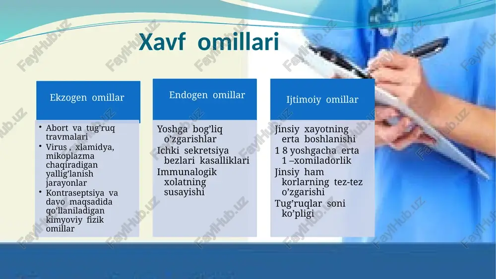 ari. o’sma oldi jarayoni yoki displaziya - bachadon bo’yni yoki servikal kanal shilliq qavati hujayralari atipiyasi bilan xarakterlanadigan kasalliklar. bu jarayon patogenezida bachadon bo’ynini qoplab turuvchi ko’p qavatli yassi epiteliy qavat qismi hujayralarning yetilishi va taqsimlanishida buzilish yotadi. displaziyaning shakllanishida ikki yo’nalishda amalga oshishi mumkin: 1- rezerv hujayralarning yassi hujayraviy metaplaziyasi jarayonida ; 2-ko’p qavatli yassi epiteliyda gipotalamogipofizar- tuxum tizimi ta’sirida kechadigan fiziologok hosilalarning buzilishi fonida. cin – cervics intraepithelial neoplasia (cin 1 2 3) - bachadon og’zi displaziyasi: oddiy yengil epitelial displaziya –cin1 ; o’rta darajali displaziya –cin 2 og’ir darajali displaziya –cin3 bachadon bo’yni displaziya displaziyaning yengil shaklida epiteliyning chuqurroq qatlamlari hujayralar proliferatsiyasi qayd qilinib.yuqori qatlam qismi hujayralari normal xolatini saqlagan. displaziyaning o’rtacha shakli patologik jarayonga epitelialqatlam pastki qismninig jalb etilishi bilan xarakterlanadi; yengil va o’rtacha diplaziya shakllarida hujayralar atipiyasi kuzatilmaydi. displaziya yoki preinvaziv rakning toifasiga qo’shilish bu jarayonnig klinik namoyon bo’lishi bachadon bo’yni fon kasalliklarning klinikasi. aksariyat …