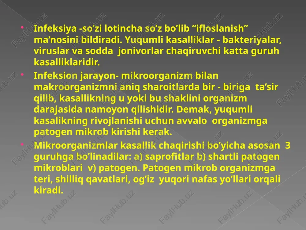 ’liq. bu tip bo’yicha ayrim gemolitik kasalliklar, masalan: autoimmun gemolitik anemiya, miasteniya, allergik dorili agranulositoz, trombositopeniya va boshqa bir qancha kasalliklar. iii tip – immunkompleksli, allergik va autoallergenlar ig g, (ig g1, ig g3) yoki ig m- antitelalar bilan komplekslari va, bu komplekslarning organizm to’qimasiga jarohatlovchilovchi ta’sir qilish bilan namoyon bo’ladi. bu tip bo’yicha zardob kasalligi, anafilaktik shok, ekzogen allergik alveolit (fermer o’pkasi), glomerfeonfrit va boshqa kasalliklar rivojlanadi. iv- tip- hujayra –bevosita (sekin tipdagi yuqori sezuvchanlik) sensibillashgan t- limfositlarni hosil bo’lishi bilan bog’liq. bu mexanizm infeksion allergik kasalliklarida, tuberkulyozda, leprada, brusellyoz, sifilis, teri zamburug’ kasalliklari, protozoy infeksiya kasalliklarida komponent sifatida qatnashadi. v-tip reaksiya reseptorga qarshi hujayra memranasida fiziologik muhim determinantlarga antitela borligi bilan bog’liq. a) sog’lom odam terisi b) bemor terisi yuqumli kasallik bilan og’rigan bemorni davolash usullarini etiologik va patogenetik jihatdan asoslangan, hamda uning o’ziga to’g’ri keladigan bo’lishi kerak. yuqumli kasalliklarni davolashda asosan patogen bakteriya faolligini kamaytirish, uning toksinlarini …