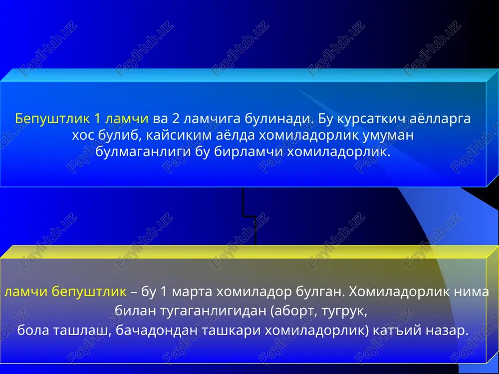 epushtligi deb aytiladi kachonkim, bachadon naylari uz vazifasini bajara olmasa. naylar bepushtligi sabablari: bachadon naylari yukligi bachadon naylarida organik uzgarishlar naylar funktsiyasining buzilishi. infantilizm. 2 asosiy turi farklanadi: bachadon naylari organik uzgarishlari bachadon naylari funktsiyasi buzilishi funktsional buzilishlarga sabab naylar kiskarish faoliyatining buzilishi: diskoordinatsiya gipotonus giper- tonus organik uzgarishlarga kiradi: sterilizatsiya va b. nay buralishi chandik xosil bulishi utkazuvchanlik buzilishi naylar bepushtligi diagnostikasi anamnez jinsiy aloka soni, partnyorlar almashuvi va ulardagi yalliglanish kasalliklari gsg laparoskopiya kabul kilgan kontratseptsiya uslubi jinsiy aloka davrida chanokda ogrik, algodismenoreya abortdan va tugrukdan sungi davrning kechish xususiyatlari operatsiyadan keyingi davr. jinsiy va boshka organ sistemalarining surunkali yalliglanish kasalliklari funktsional naylar bepushtligini davolash. psixoterapiya sedativ dorilar trankvilizatorlar spazmolitik preparatlar beta-adrenoblokatorlar prostaglandinlar (naprosin, indometatsin) gormonal buzilishlar korrektsiyasi balneoterapiya serovodorodli vanna organik naylar bepushtligini davolash. surunkali bachadon ortiklari yalliglanishini konservativ davolash unumsiz xisoblanadi. konservativ va operativ davolanadi. uzok konservativ davolashda ogir anatomo – funktsional uzgarishlar koladi: gormonlarga javob …