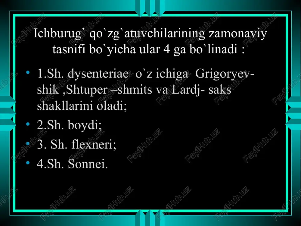 qali quyiladi. to`g`ri yig`ilgan anamnez tashxis qo`yishda katta ahamiyatga ega: kasallikning boshlanishi, harorat tavsifi, belgilarning ketma – ket paydo bo`lishi, tibbiy muassasaga murojaati, uy sharoitida davolanganligi va uning nafi. oshqozon ichak trakti funktsiyasiga alohida e`tibor beriladi. ishtaha tavsifi, qorin og`rig`i, tenezmlar va yolg`on chaqiriqlar, ich o`tishi, soni, najasning tarkibida patologik aralashmalar borligi va boshqalar. epidemiologik ma`lumotlar ham ichburug` tashxisotida alohida o`rin tutadi. bunda shaxsiy gigiena qoidalaraiga rioya qilish, ovqatlanish rejimi, ichimlik suvi bilan ta`minlanganlik, bemor bilan muloqoti va hokazolar asos bo`ladi. tashxisoti bakteriologik usul. laboratoriya xodimlarning malakasini, ekish uchun material olish muddati va to`g`riligi, muhitning sifati kabilar bakteriologik tekshirish usulining eng asosiy va zaruriy shartlaridir. natijasini idishlardan, steril tampon, shisha tayoqcha, qoshiqcha, sim bilan olingan materialni ekish, bir necha marotaba tekshirish, antibiotiklar berilguncha material olish kabi shartlar bakteriologik tekshirishning sifati va musbat natijasini oshiradi. egri gemaglyutinatsiya reaktsiyasi ham kasallikning 5–kunlaridan boshlab musbat natija bera boshlaydi. uning diagnostik titri 1:160 va …