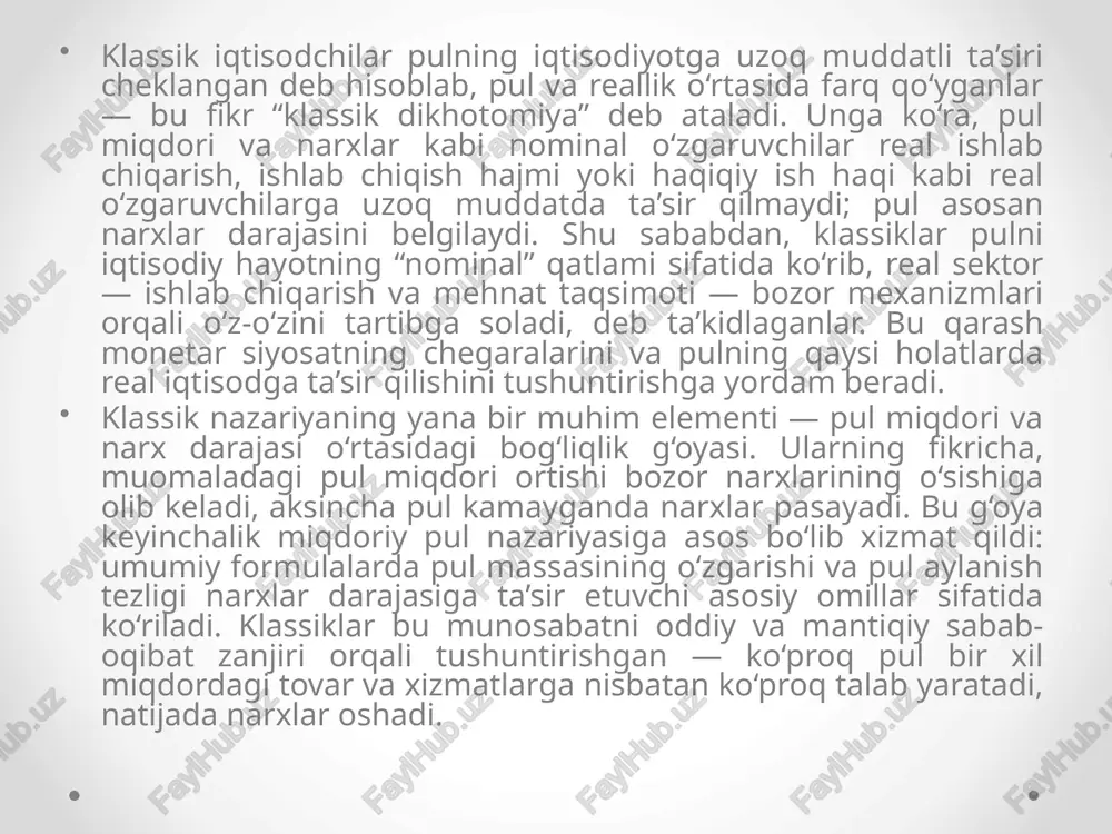 muhim omildir. foiz stavkasi past bo‘lsa, odamlar pulni ko‘proq jamg‘aradi, natijada investitsiyalar kamayadi, iqtisodiy faollik sekinlashadi. aksincha, foiz stavkasi yuqori bo‘lsa, odamlar pullarini banklarda saqlab, iqtisodiy faoliyat pasayadi. shu bois, pul-kredit siyosati orqali foiz stavkasini boshqarish iqtisodiy o‘sishni rag‘batlantirishda muhim vosita hisoblanadi. keynesian yondashuv bozor iqtisodiyoti o‘z-o‘zidan muvozanatga keladi degan klassik fikrni rad etadi. unga ko‘ra, davlat iqtisodiyotga faol aralashib, pul massasini, foiz stavkalarini va investitsiya darajasini tartibga solish orqali iqtisodiy barqarorlikni ta’minlashi kerak. shunday qilib, keynesian pul nazariyasi zamonaviy monetar siyosatning rivojlanishiga asos bo‘lgan bo‘lib, hozirgi kunda ham ko‘plab mamlakatlar iqtisodiy siyosatining nazariy poydevorini tashkil etadi. xulosa pul nazariyalari iqtisodiy fan rivojida muhim o‘rin tutadi. har bir davrda pulning iqtisodiy jarayonlardagi roli va ta’siri turlicha talqin qilingan. hozirgi kunda miqdoriy va keynscha nazariyalar amaliyotda keng qo‘llanilib, markaziy bank siyosatini shakllantirishda asosiy nazariy manba bo‘lib xizmat qilmoqda. adabiyotlar. jo‘rayev a., raxmonov sh. pul, kredit va banklar. – toshkent: tdiu nashriyoti, …