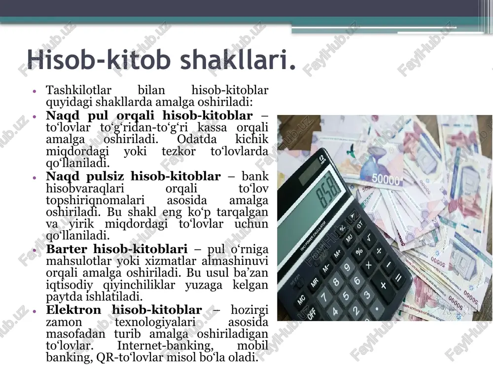 ddatidan o‘tgan qarzdorliklar bo‘yicha choralar ko‘rish. xulosa tashkilot bilan hisob-kitoblar hisobi tashkilotlarning moliyaviy faoliyatini to‘g‘ri boshqarish, to‘lov intizomini mustahkamlash va hisobdorlikni ta'minlashda muhim ahamiyatga ega. ushbu hisob orqali tashkilot o‘zining moliyaviy holatini nazorat qiladi, o‘z vaqtida qarz va to‘lov majburiyatlarini bajaradi. amaliyotda yuzaga keladigan muammolarni o‘z vaqtida aniqlash va hal qilish esa tashkilotning moliyaviy barqarorligini ta'minlashga xizmat qiladi. foydalanilgan adabiyotlar. karimov i. i., matlubaev m. m. buxgalteriya hisobi asoslari. – toshkent: “iqtisod-moliya”, 2021. – 280 b. rasulov n. t., yusupova d. k. moliyaviy hisobot va audit. – toshkent: “iqtisodiyot”, 2022. – 240 b. jalilov u. t., axmedova z. m. moliyaviy menejment va hisob-kitoblar. – toshkent: “fan va texnologiya”, 2023. – 216 b. toshpo‘latova m. r. debitor va kreditorlar bilan hisob-kitoblar tizimi. – toshkent: “iqtisodchi”, 2024. – 198 b. https://buxgalter.uz https://moliya.uz https://stat.uz image2.png image3.jpeg image4.jpeg image5.jpeg image6.jpeg image7.jpeg image8.jpeg image9.jpeg image10.jpeg /docprops/thumbnail.jpeg