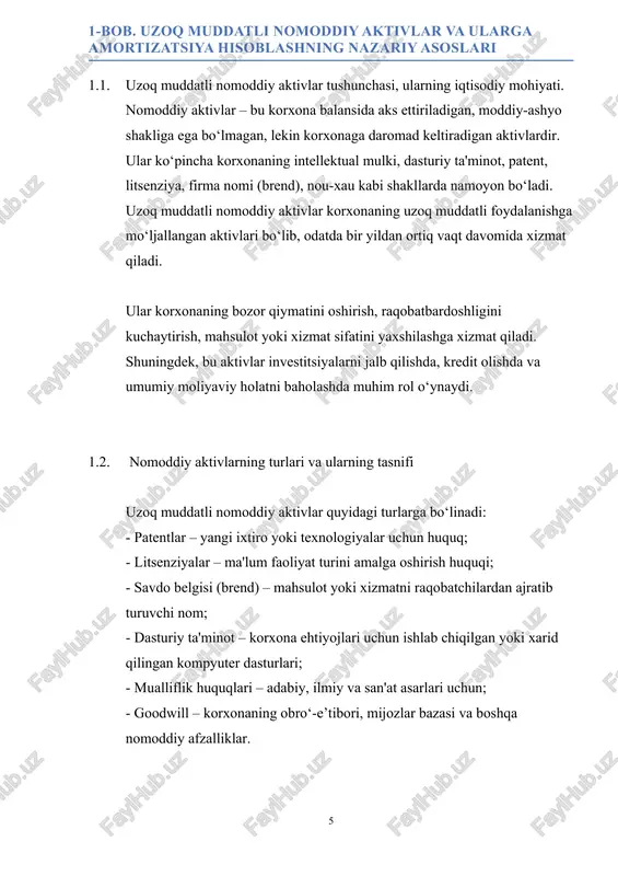 ktivning qiymatini iqtisodiy foydalanish davrida to‘g‘ri taqsimlash; - soliqqa tortish bazasini aniqlashda aniq xarajatlarni ko‘rsatish; - buxgalteriya balansida aktiv qiymatining real holatini ifodalash. amortizatsiya yordamida aktivlar yillar davomida daromadga nisbatan to‘g‘ri bog‘lanadi va bu moliyaviy hisobotlarning aniq va shaffof bo‘lishini ta'minlaydi. 1.4. uzoq muddatli nomoddiy aktivlarga amortizatsiya hisoblashda uchraydigan muammolar amortizatsiyani hisoblashda korxonalar quyidagi muammolarga duch keladi: - foydalanish muddati noaniqligi; - bozordagi qiymatning tez o‘zgarishi; - ba'zi aktivlarning qiymatini aniqlashdagi murakkablik; - aktivni yo‘qotish yoki uning iqtisodiy foydasini tugatish holatlarini baholashdagi noaniqlik. shuning uchun hisob-kitoblarni ehtiyotkorlik bilan, amaldagi buxgalteriya standartlariga asoslangan holda olib borish lozim. nomoddiy aktivlar o‘sishi va taqsimoti tahlili 1. yillar bo‘yicha nomoddiy aktivlarning o‘sish dinamikasi jahon iqtisodiyotida nomoddiy aktivlarga investitsiyalar so‘nggi o‘n yilliklarda barqaror ravishda o‘sib bormoqda. masalan, wipo ma’lumotlariga ko‘ra, 1995-yilda global miqyosdagi nomoddiy aktivlarga sarmoya miqdori 2,9 trillion aqsh dollarini tashkil etgan bo‘lsa, 2023-yilda bu ko‘rsatkich 6,9 trillion dollarga yetgan. nomoddiy investitsiyalar 2008–2023 yillarda …